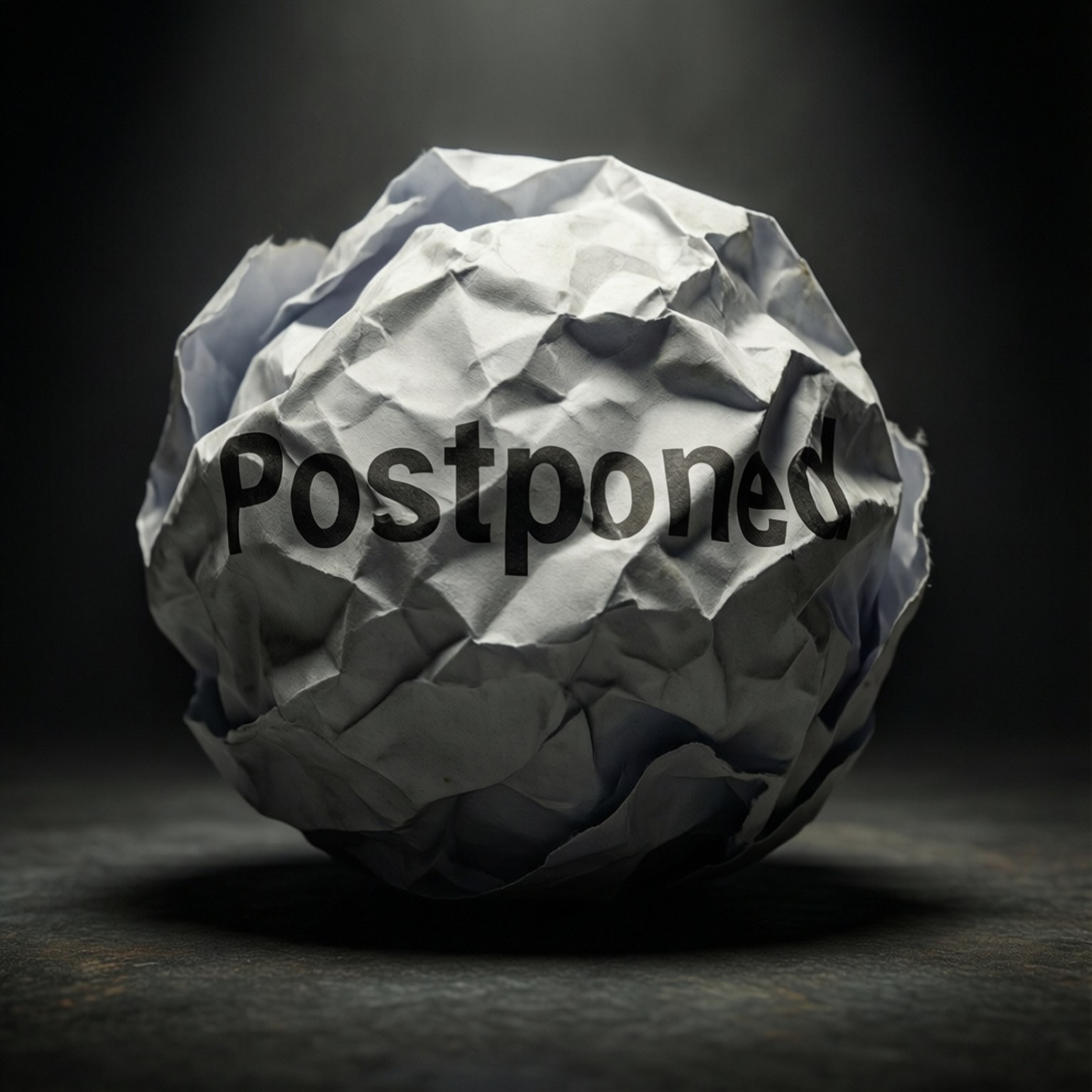 Skrynkligt papper med ordet postponed, dramatisk spotlight.