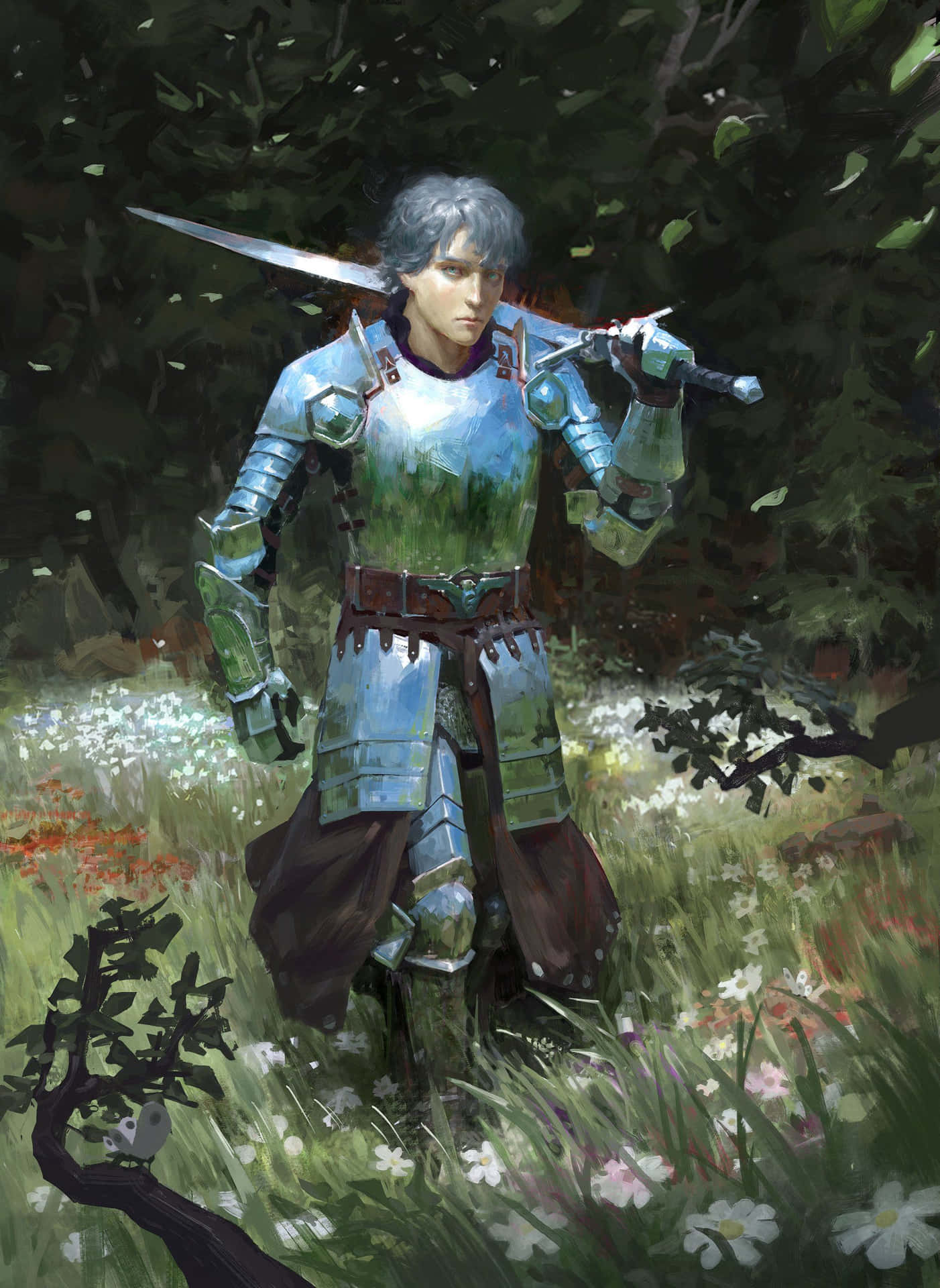 A Painting Of A Knight In Armor Standing In The Woods