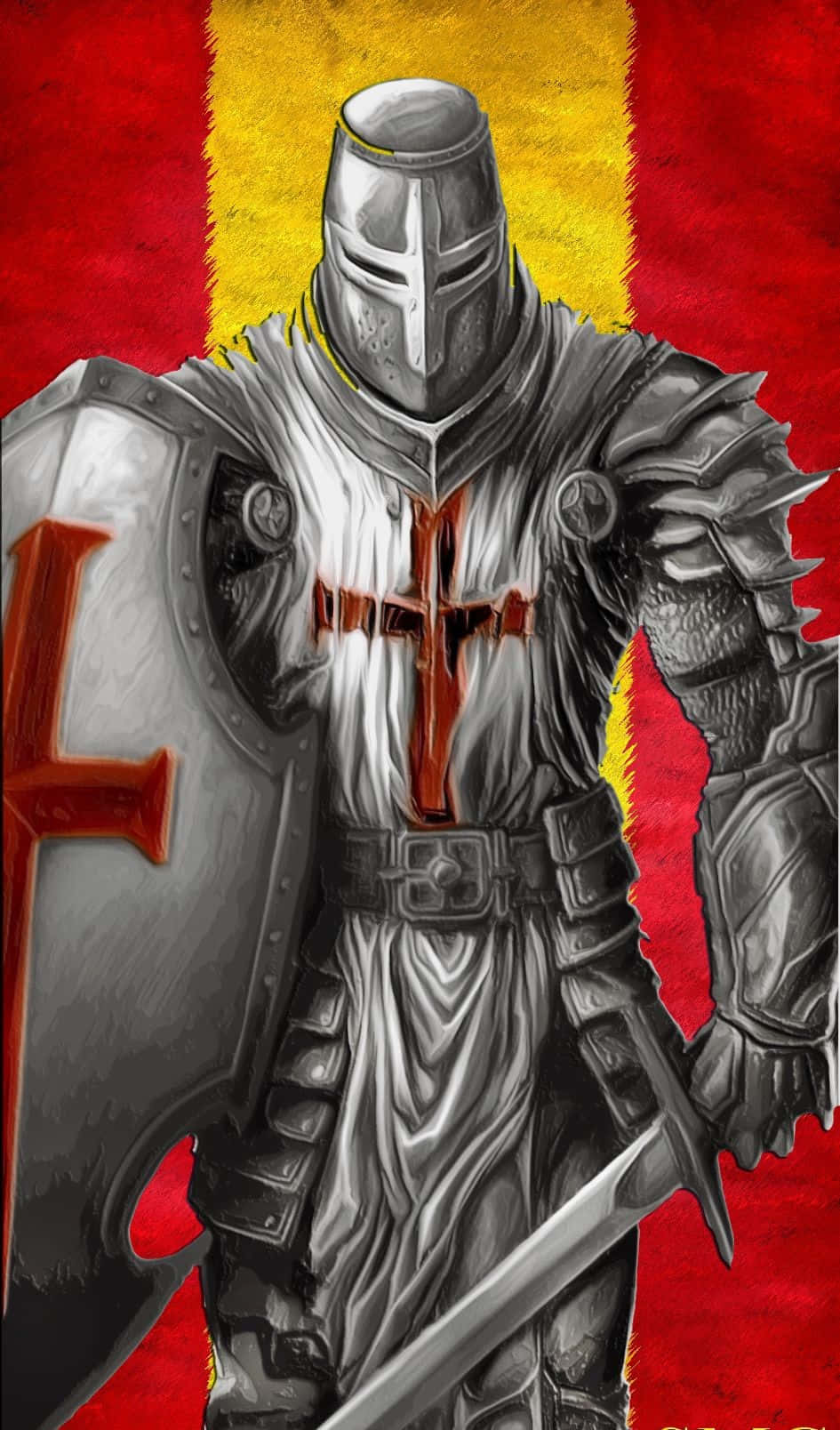Equipadocon Una Espada Y Un Escudo, Un Cruzado Está Listo Para Defender.