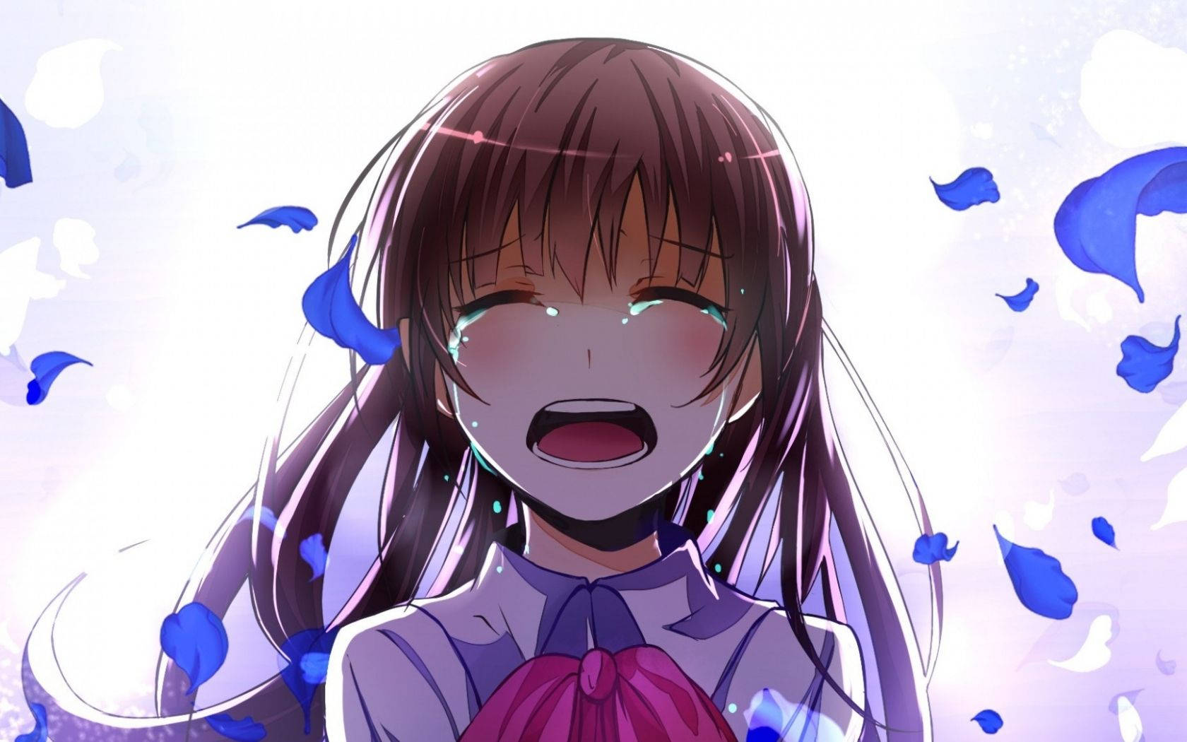Crying Anime Girl With Blue Petals Aesthetic Wallpaper