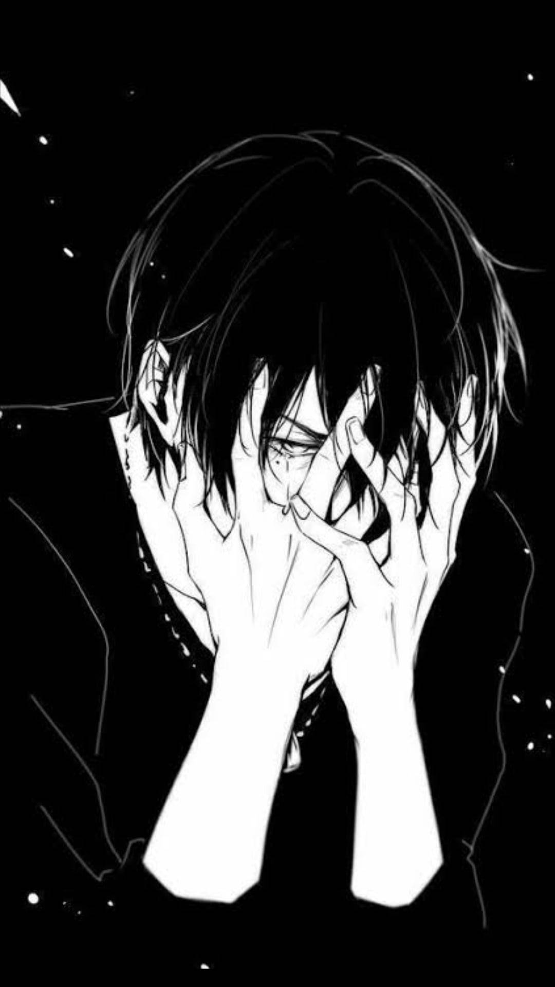 Crying Boy Anime Black And White iPhone Wallpaper