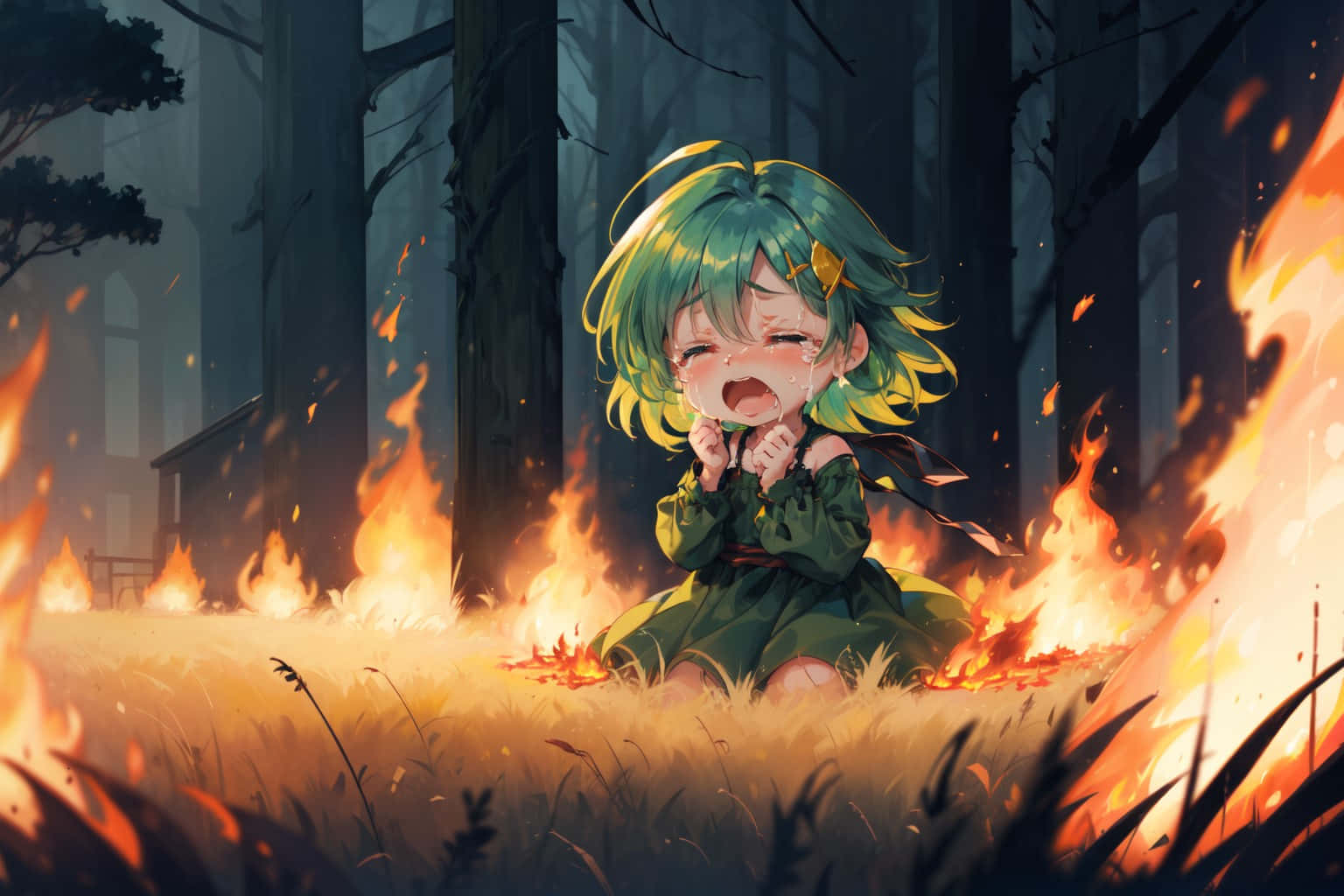 Crying Child Fire Forest Anime Art Wallpaper