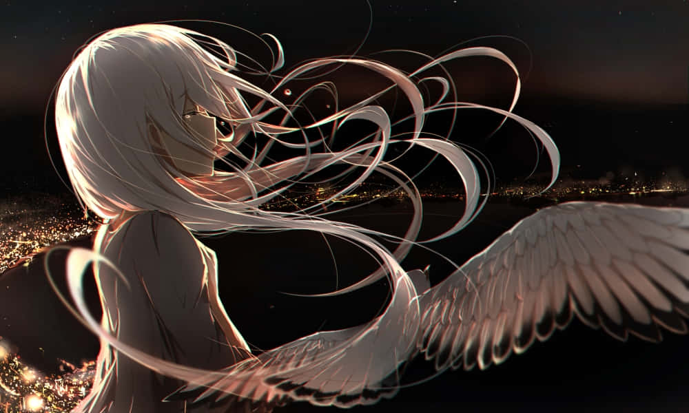 En pige med langt hvidt hår og vinger
