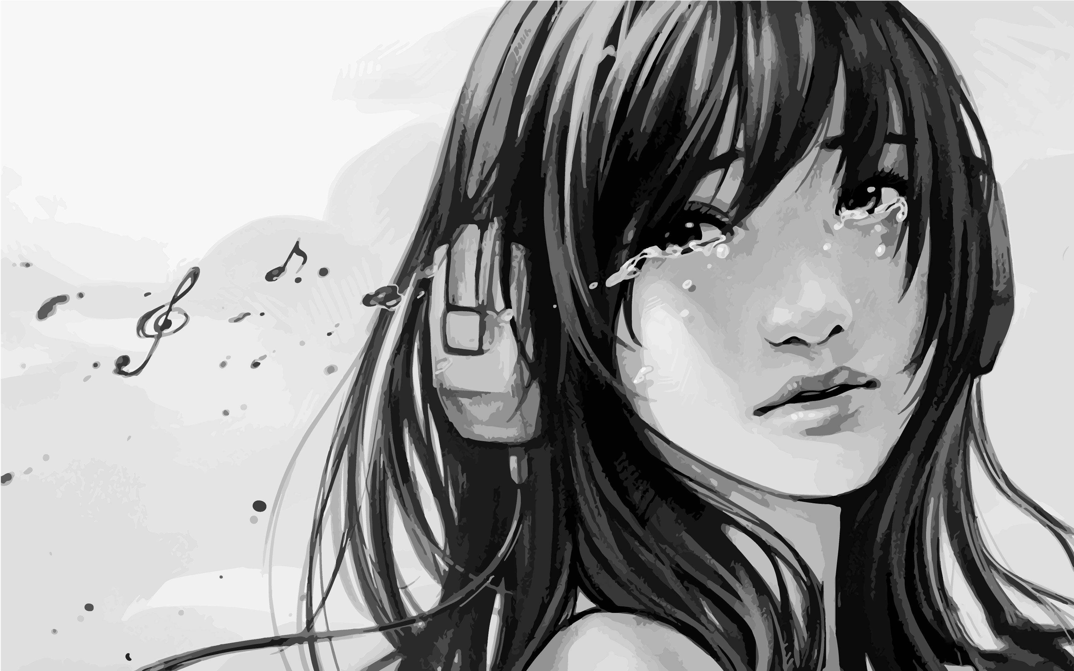 Crying Sad Anime Girl Black And White Desktop Wallpaper
