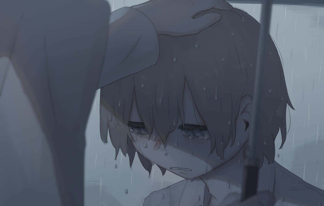 Gråtandesorgsen Pojke Med Paraply. Wallpaper