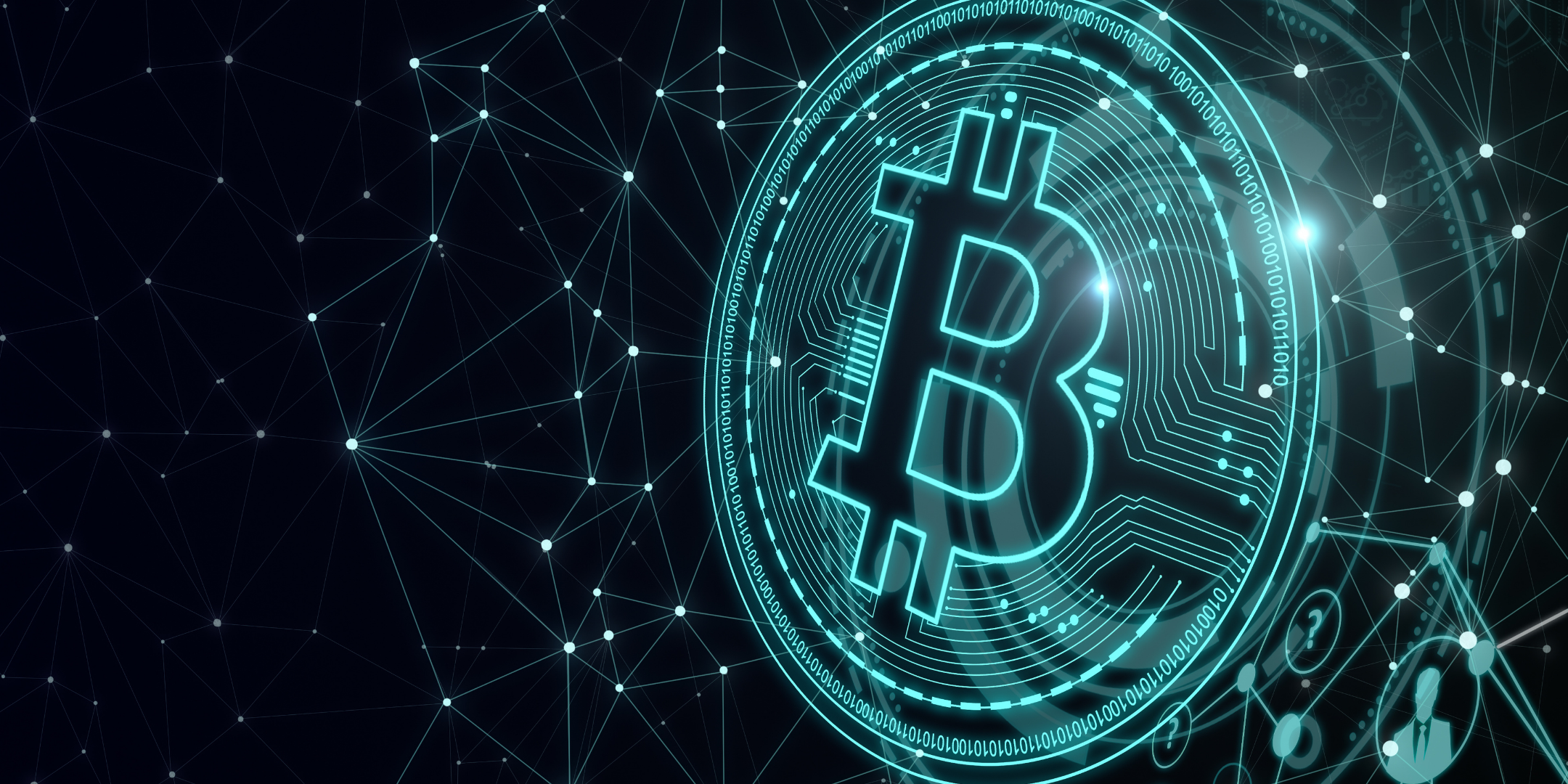 Crypto Background — A glowing cyan Bitcoin symbol pulses within a digital circuit design against a dark web of connected nodes.