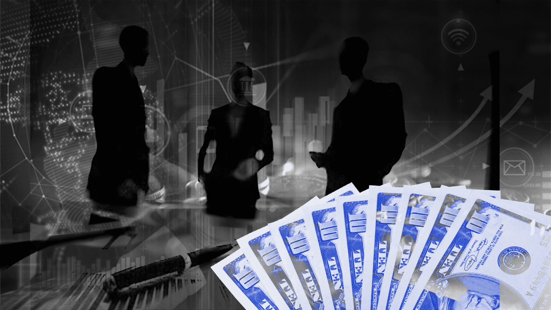 Make your Investments in Cryptocurrency Background — Silhouetted business figures stand before a digital data backdrop with fanned ten-dollar bills and a pen in the foreground.