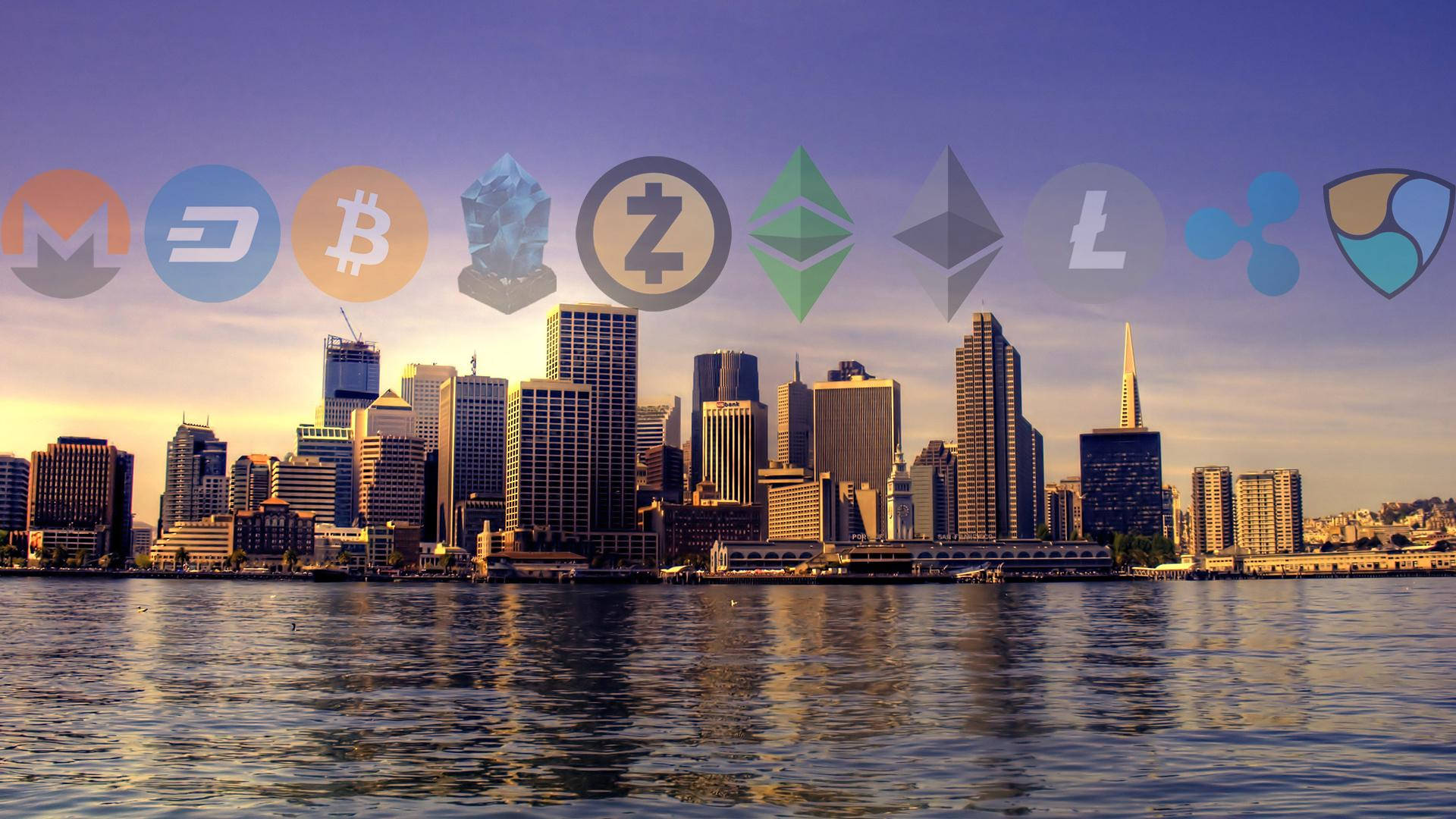 Cryptocurrency Brands With City Skyline Background