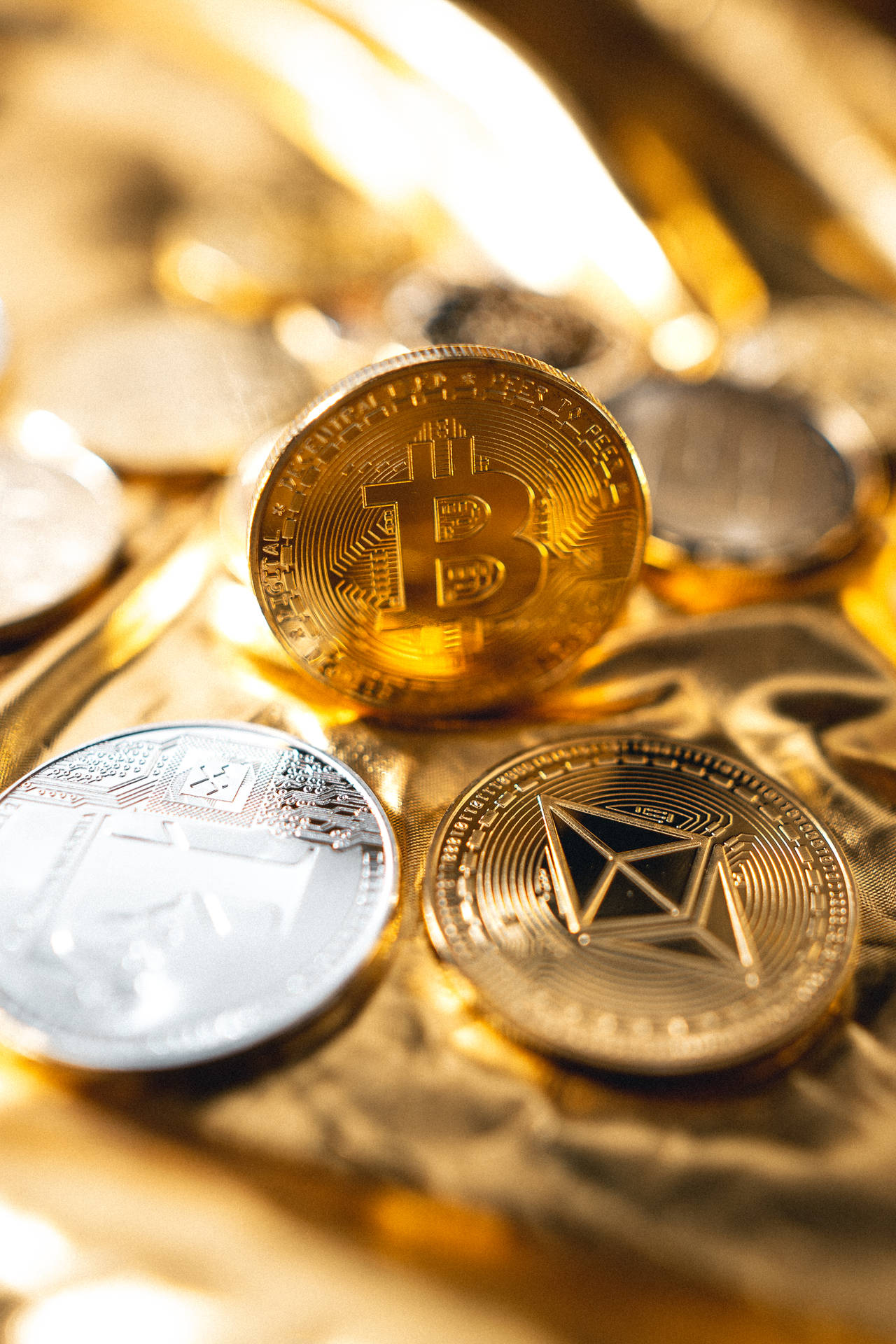Cryptocurrency Coins In Focus Shot Background
