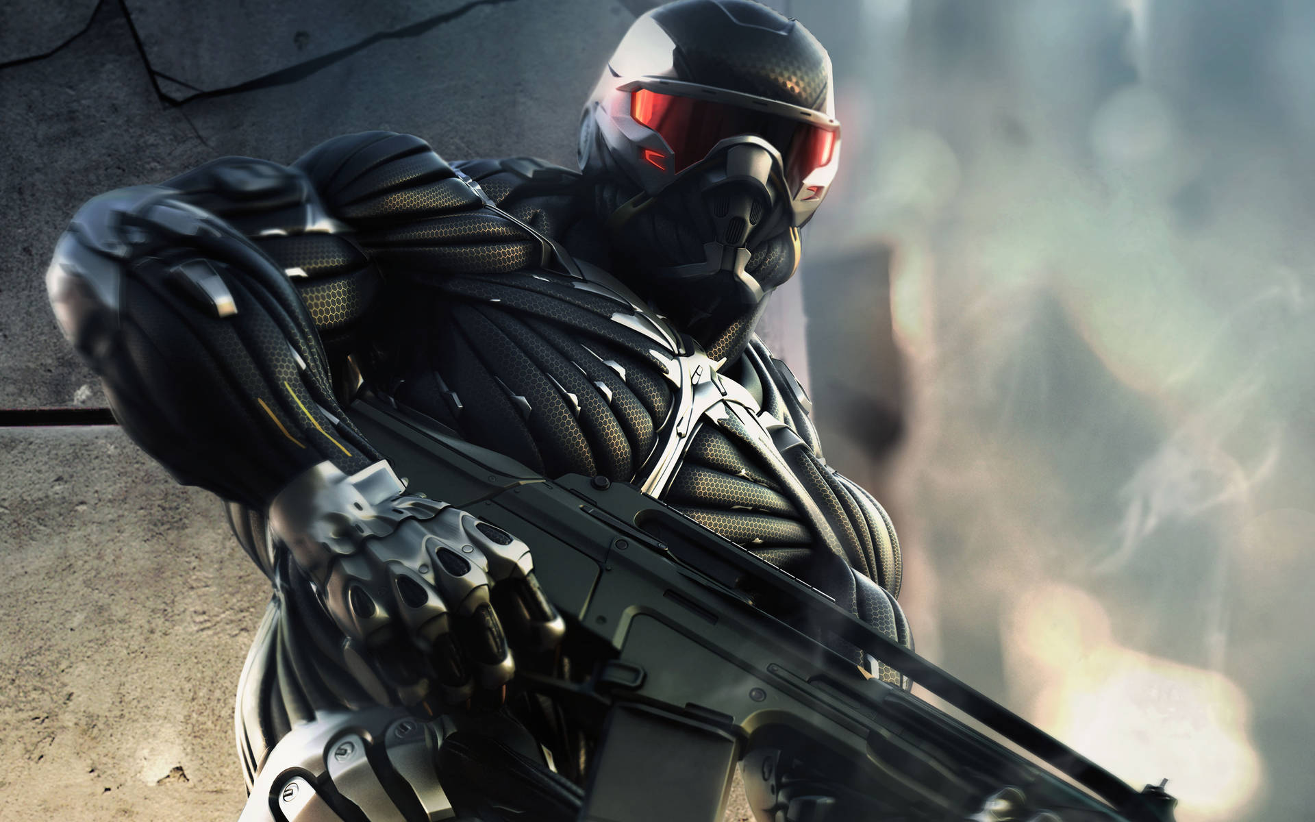 Crysis 3 Against Cracked Wall 4k Wallpaper