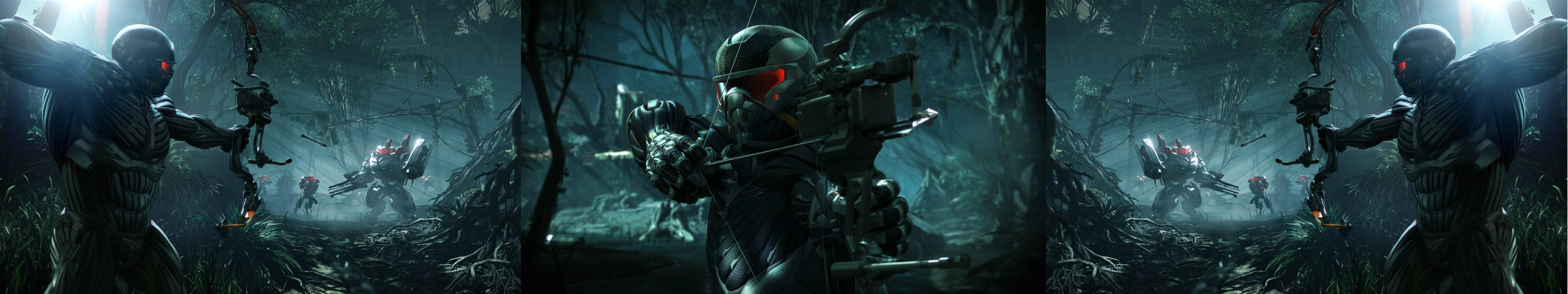 Crysis 3 Game Engaging Battle Scene Three Screen Wallpaper