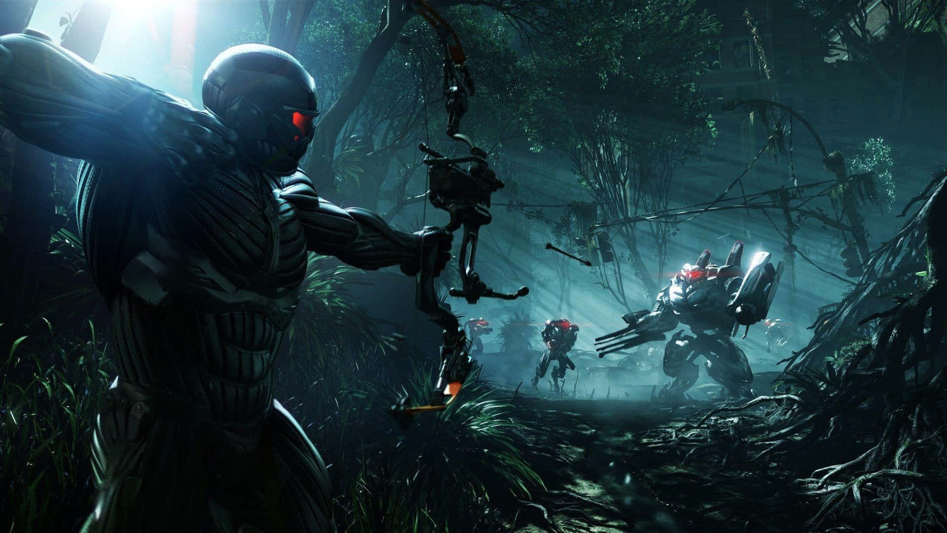 Crysis4k Soldat Kämpft Gegen Roboter Im Wald Wallpaper