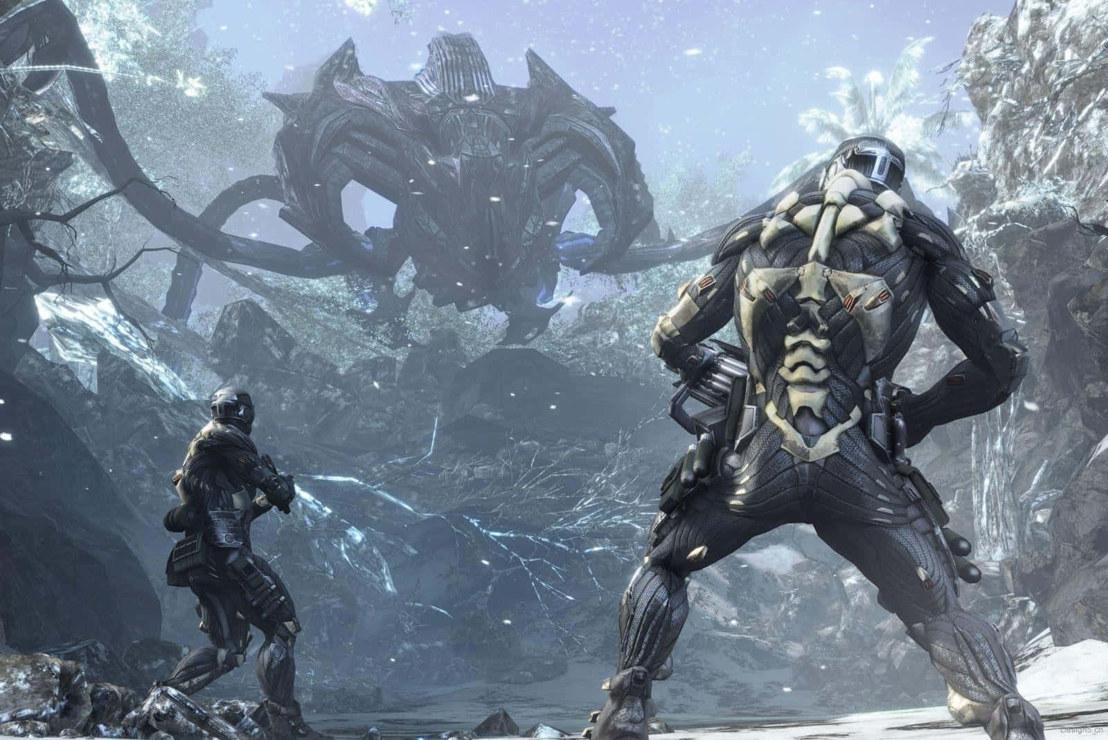 Crysis Frozen Landscape With Alien And Soldiers Wallpaper