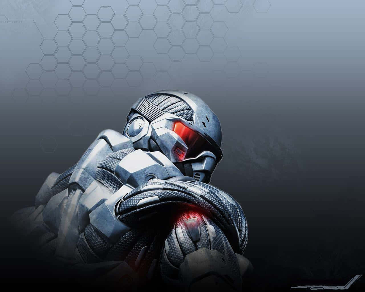 A Character In A Metal Suit With Red Lights Wallpaper