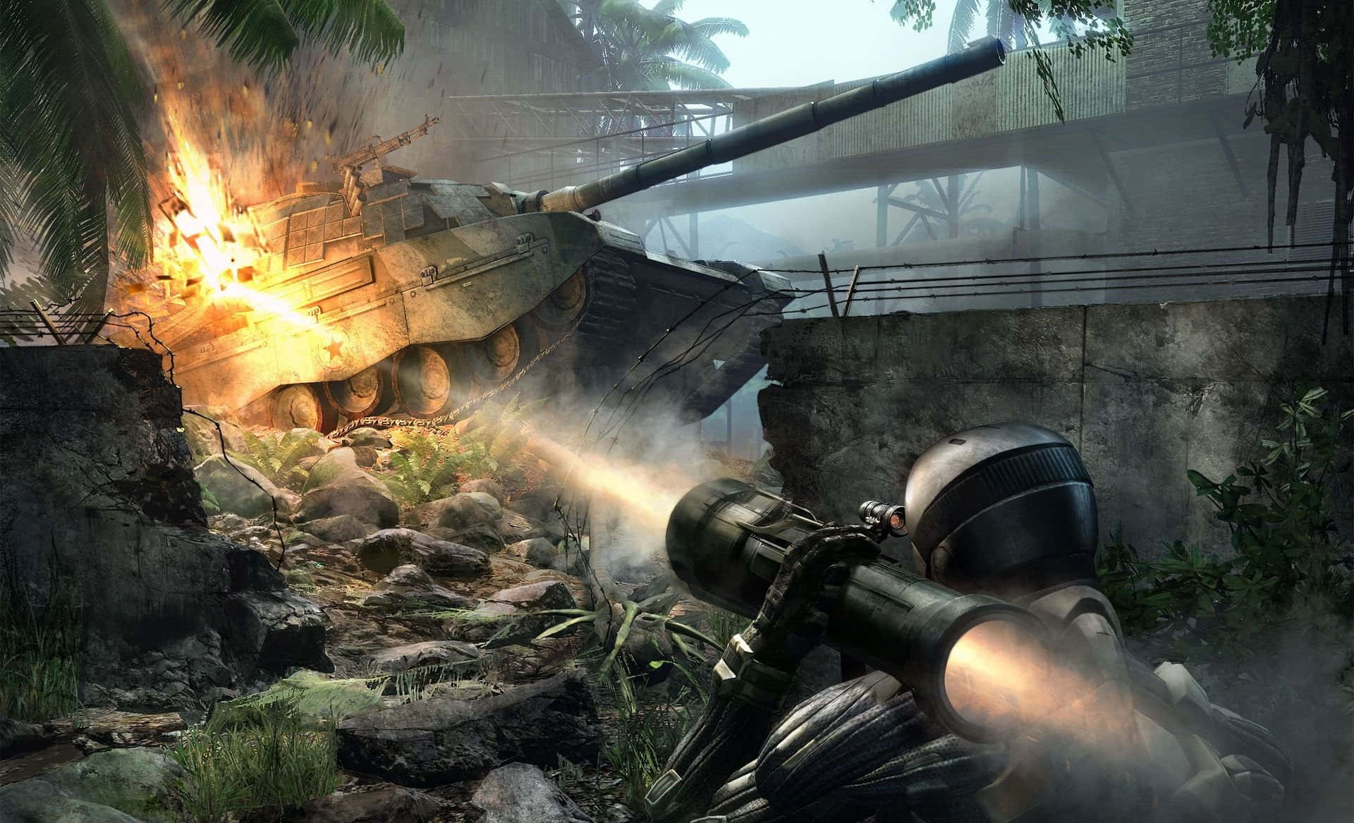 Crysis Tank Explosion Jungle Combat Wallpaper