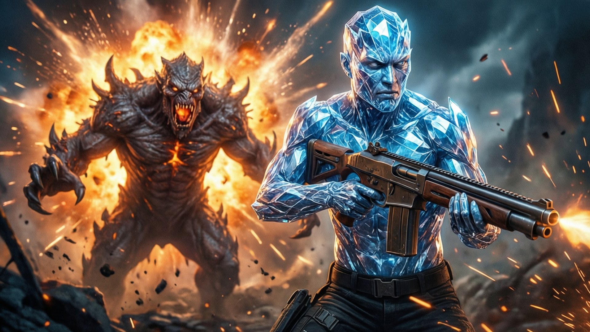 Intense battle with Crystal Skin against a monster.
