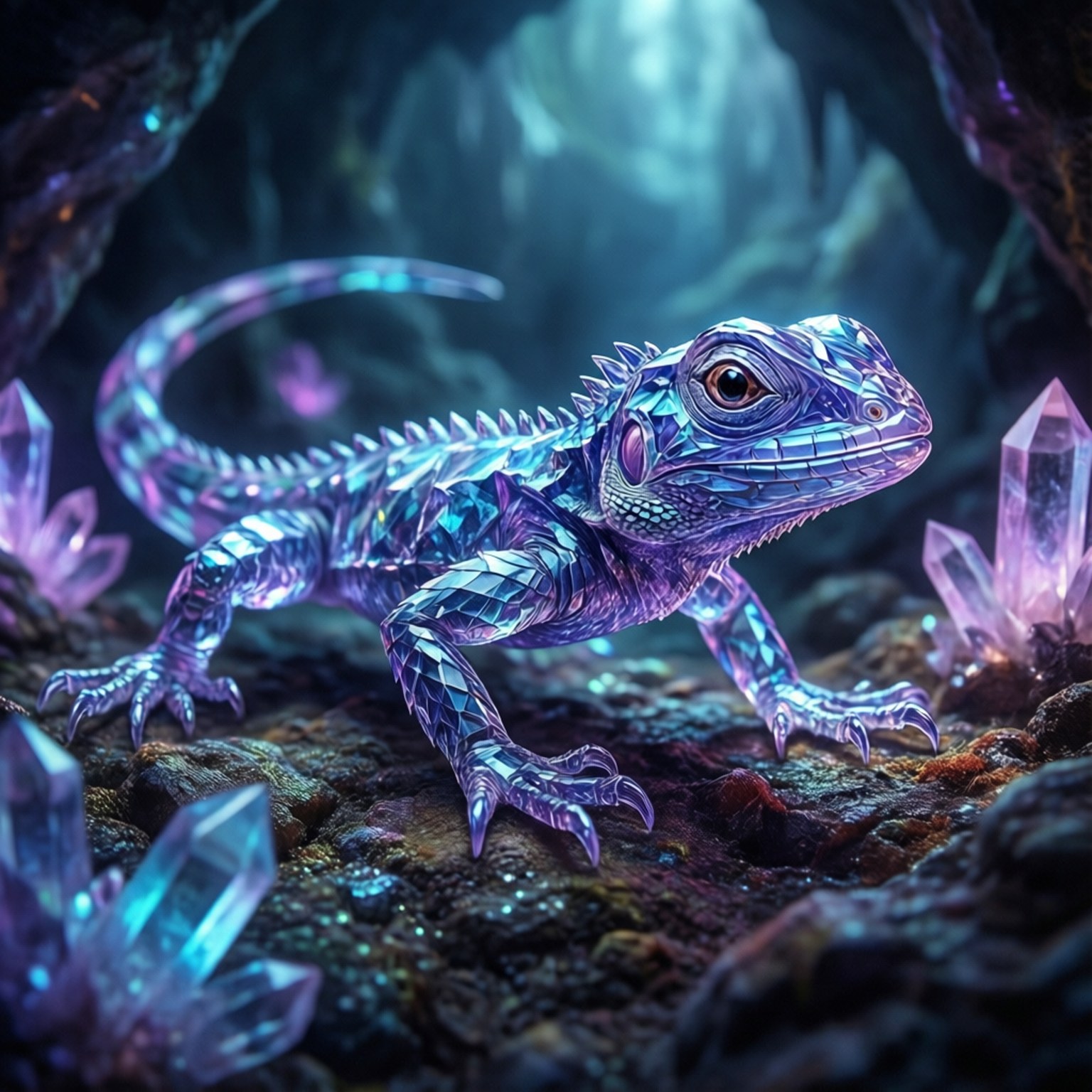 Un fondo de pantalla lindo y mágico con un lagarto de cristal de Dark Souls en una cueva brillante.