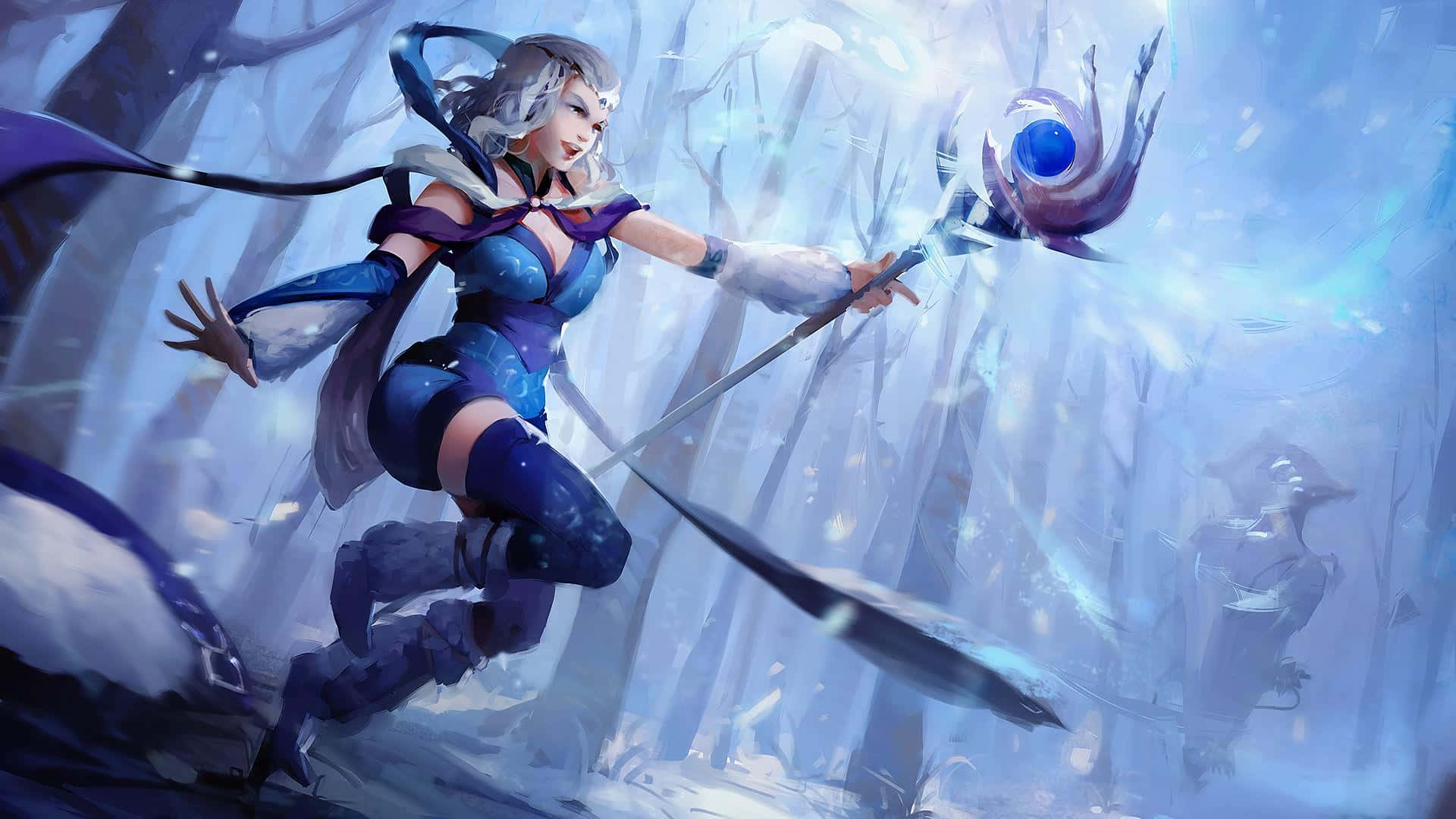 Crystal Maiden Unleashing her Powers in the Snow Wallpaper