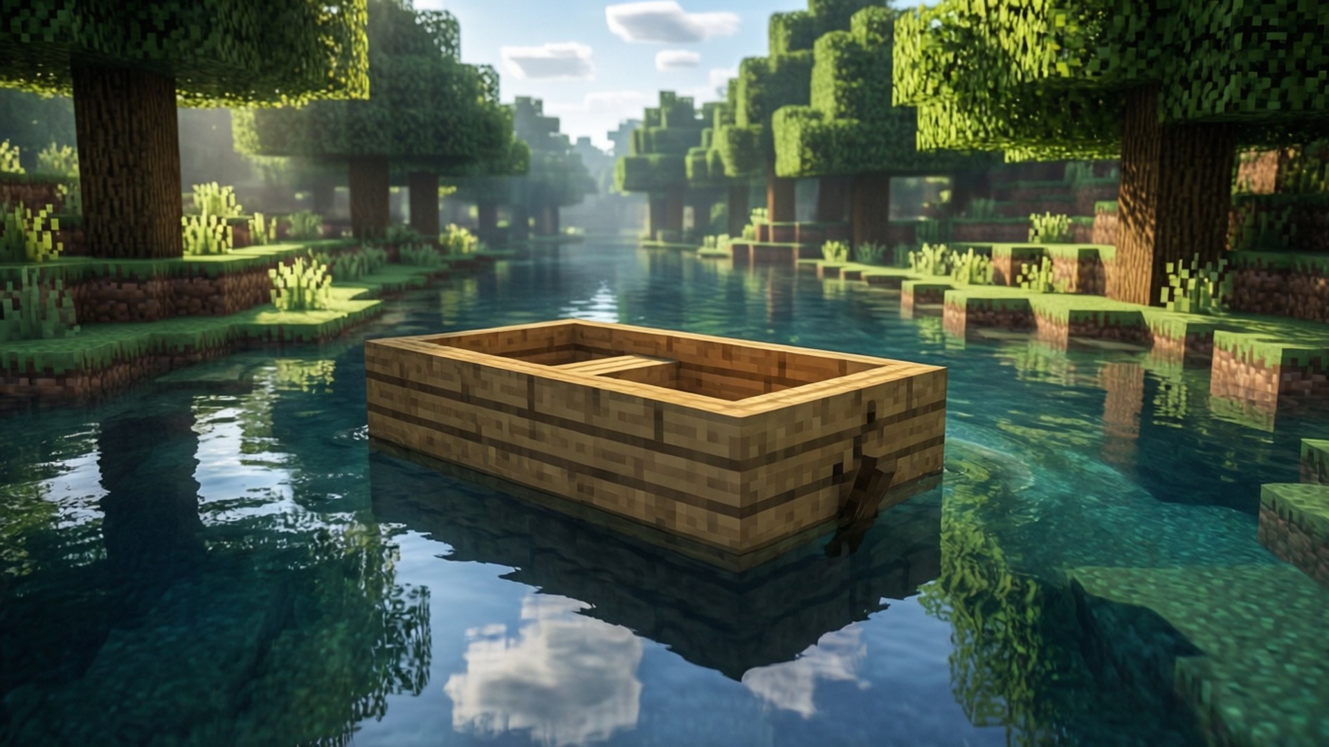 Um barco de abeto Minecraft em um rio claro com reflexos.