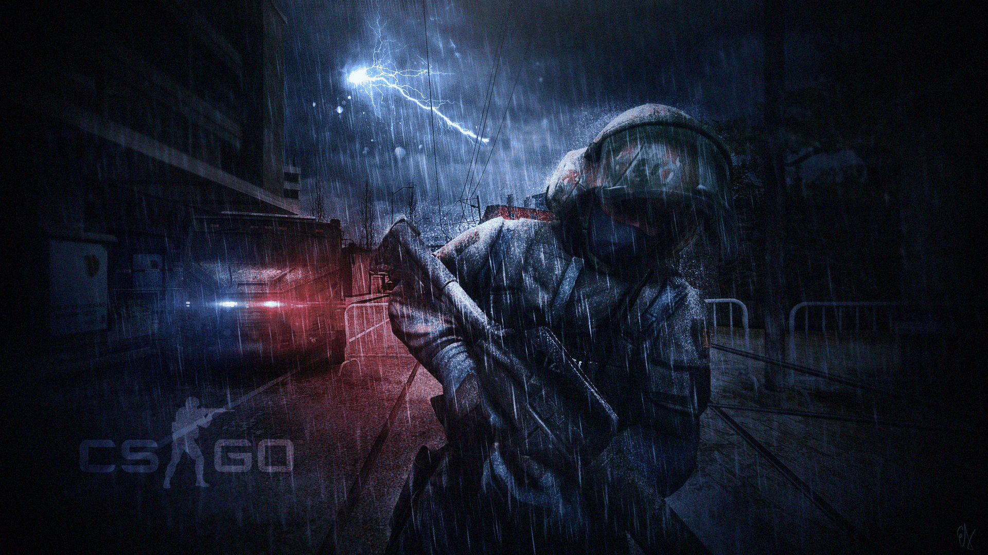 Counterstrike Esports Team Background — A rain-soaked soldier in tactical gear stands alert in a dark urban street as lightning flashes overhead and a car's red taillights glow in the downpour.