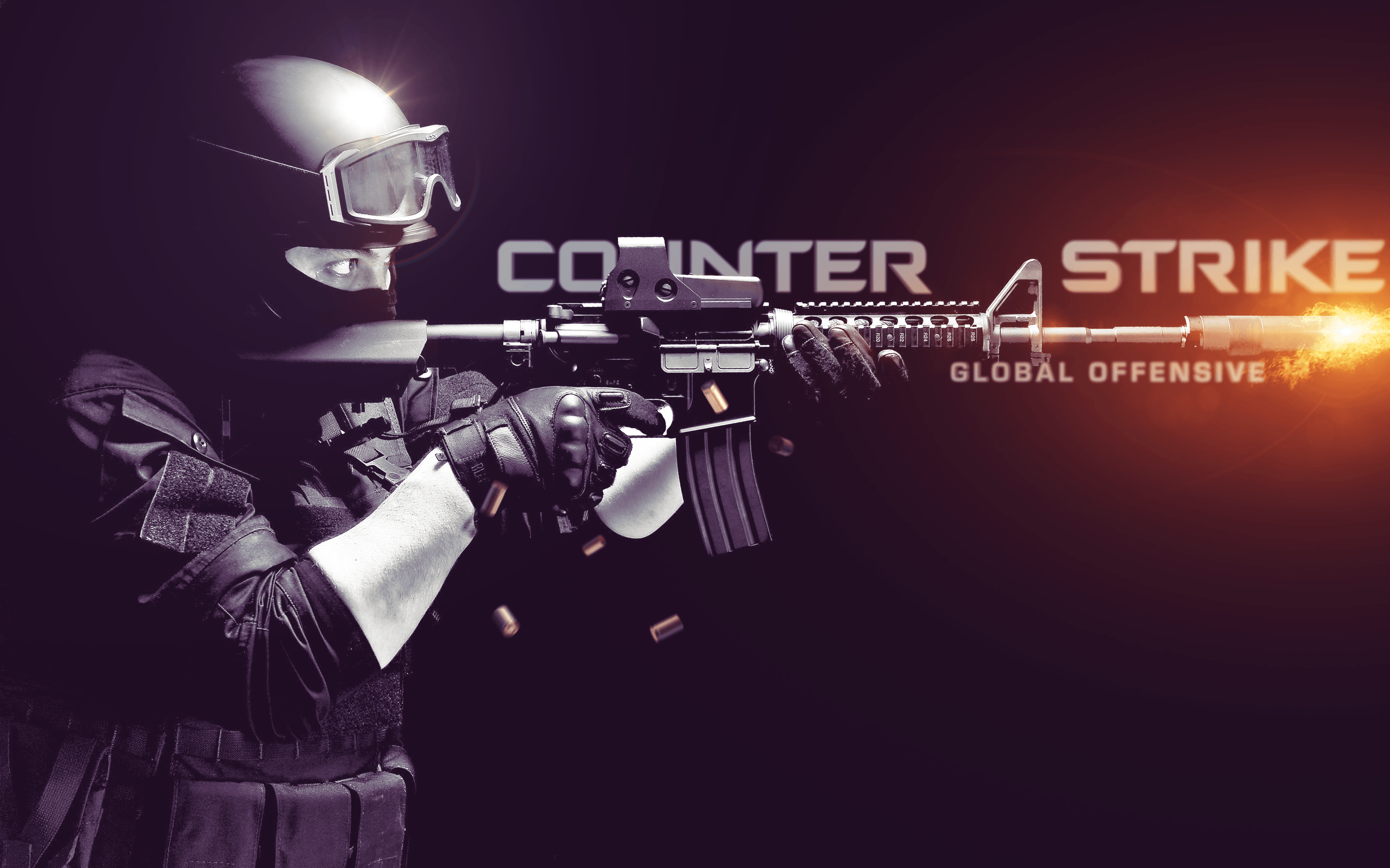 Discover a New World of Art with CS Background — A soldier in tactical gear fires a rifle with muzzle flash against a dark background featuring the Counter-Strike Global Offensive logo.