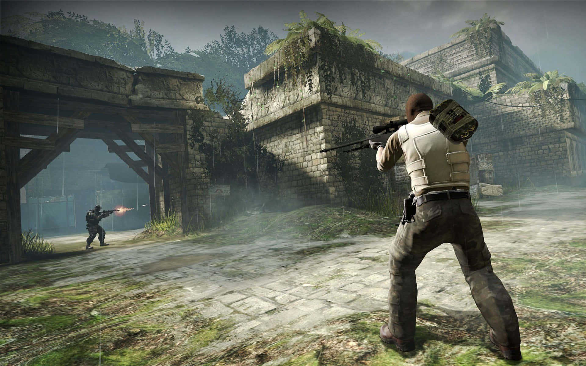 A Man Is Shooting A Gun In A Video Game