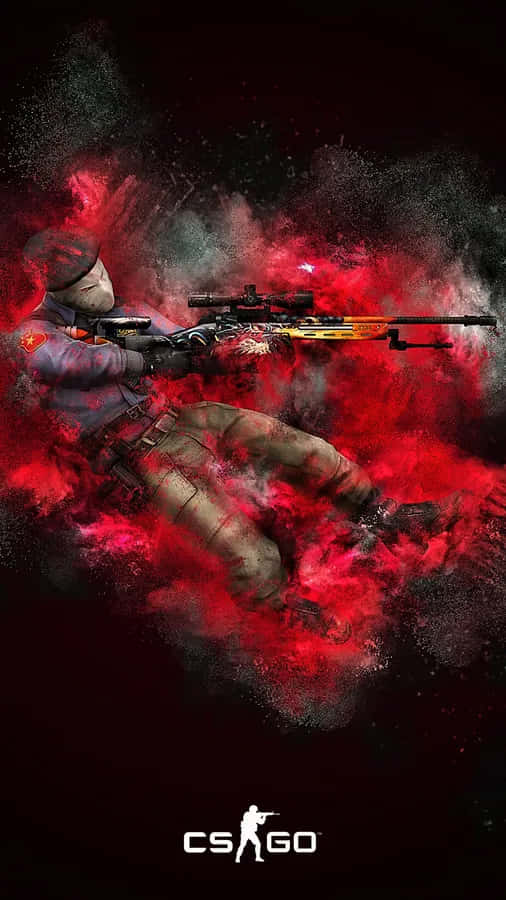 En rød og sort billede af en mand med et gevær på ryggen Wallpaper