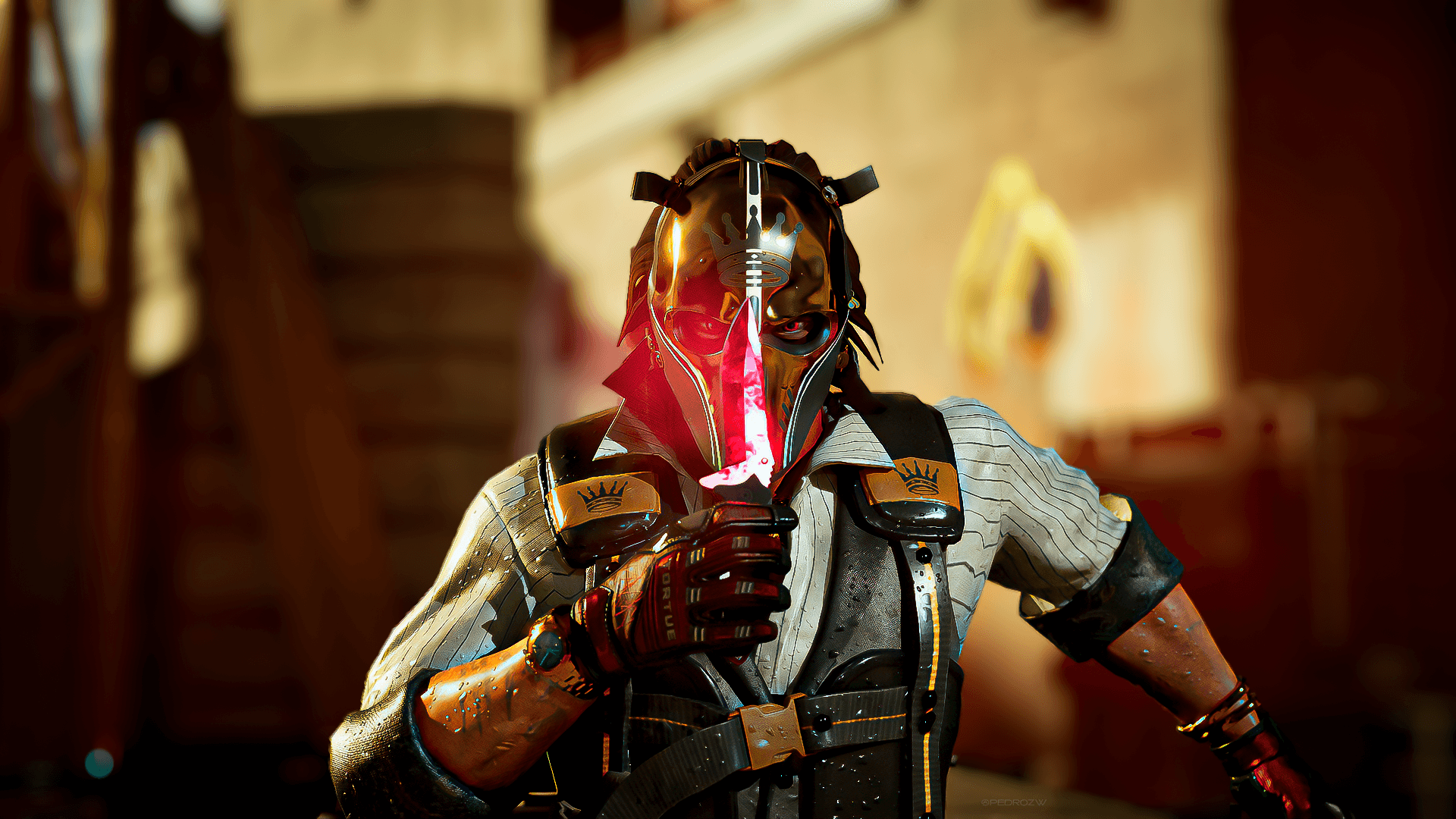 CS2 Ruby Knife & Professional Agent PNG — A masked warrior in ornate armor holds a glowing red blade in a sunlit urban alleyway.