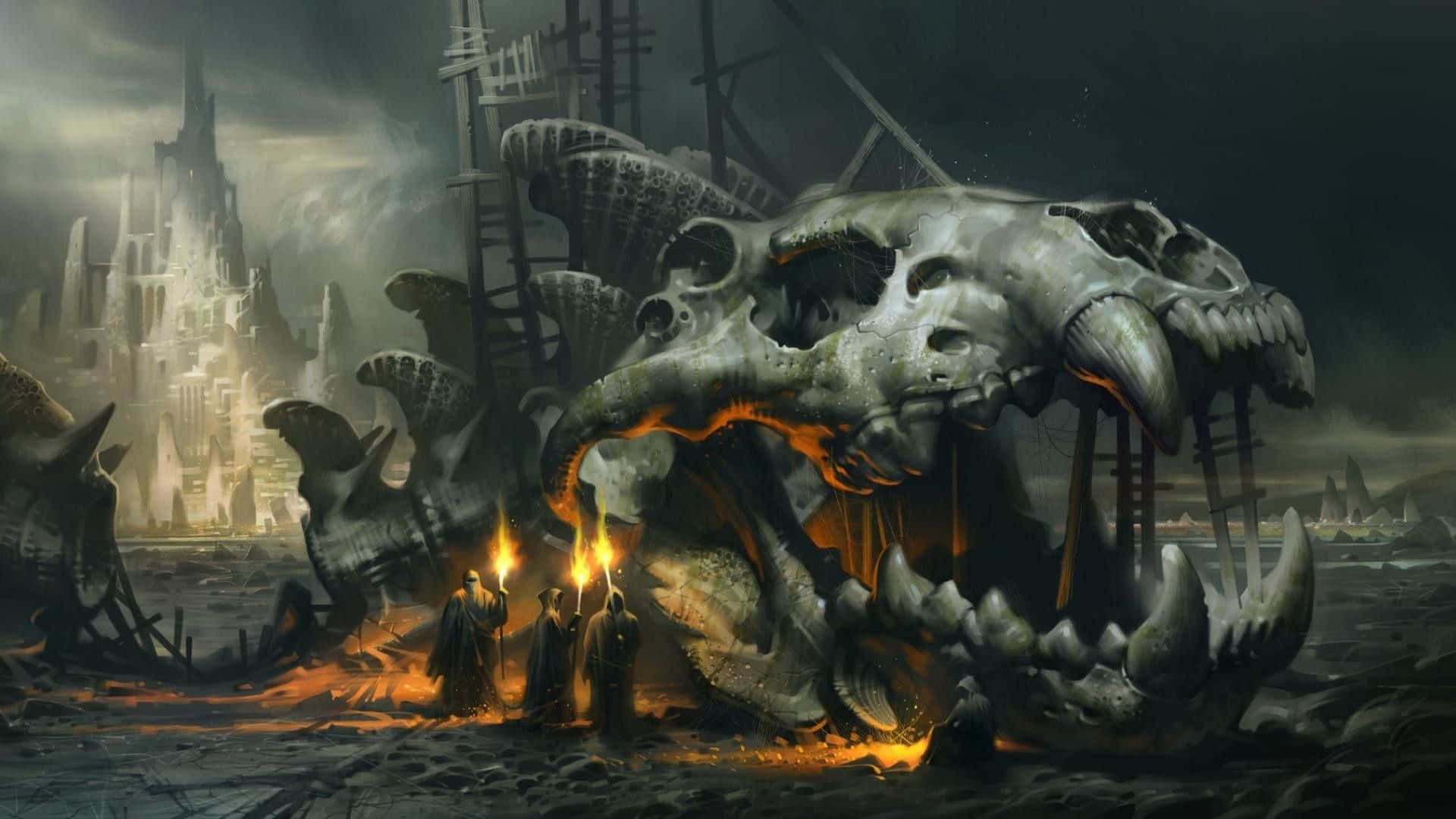 A Dark Fantasy Scene With A Skull And A City