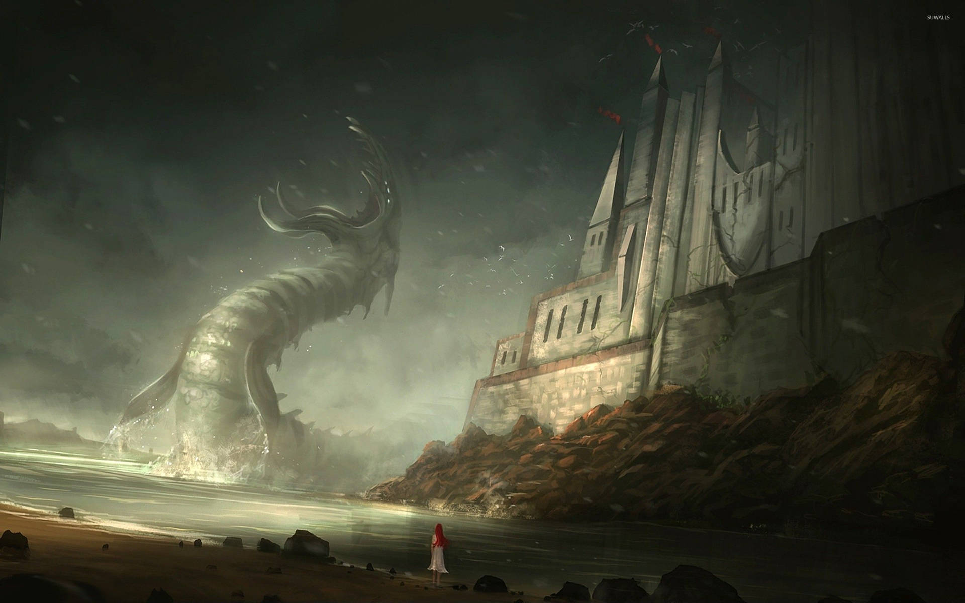 A young girl stands in awe of a beautiful beach castle, inspired by the mythical world of Cthulhu. Wallpaper