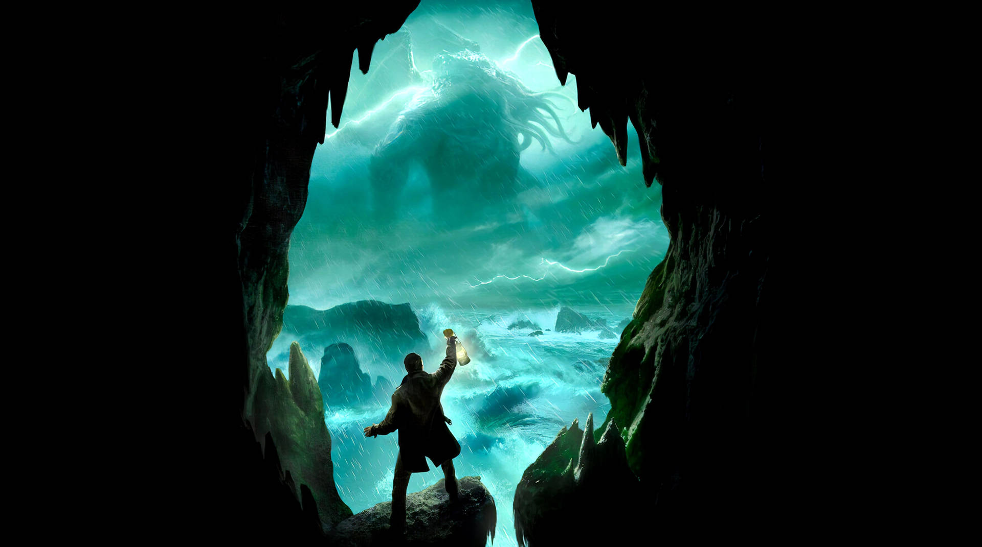 An explorer investigates a mysterious cave, unaware of the legendary creature hiding within. Wallpaper
