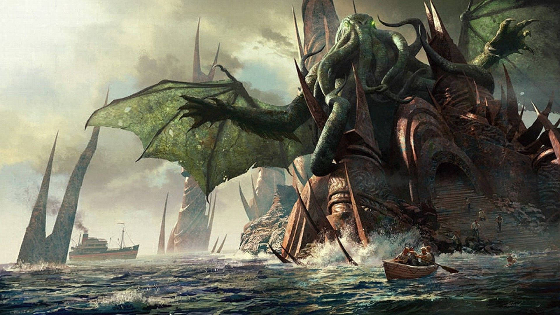The majestic city of R'lyeh rises from the depths of the ocean Wallpaper