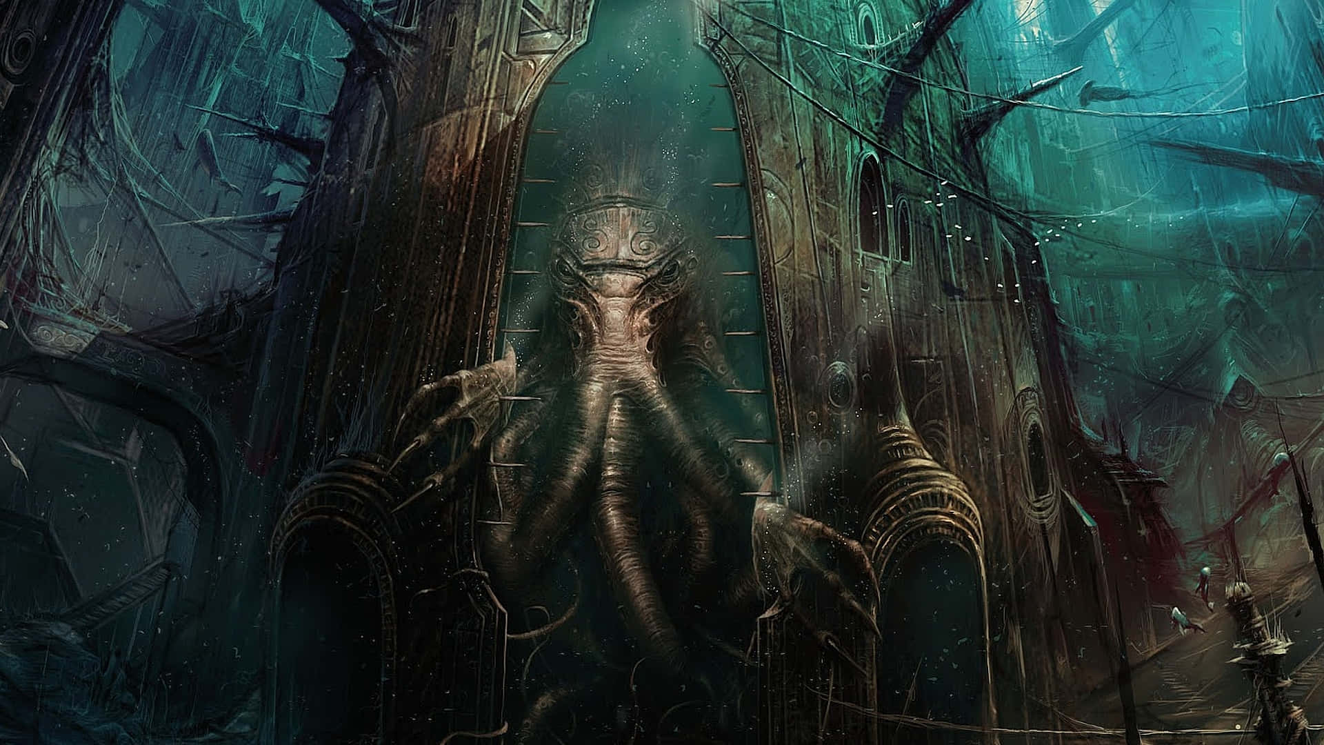 Unaimagen Oscura Y Sombría De Una De Las Criaturas Más Icónicas En La Ficción De H.p. Lovecraft: ¡el Poderoso Cthulhu!
