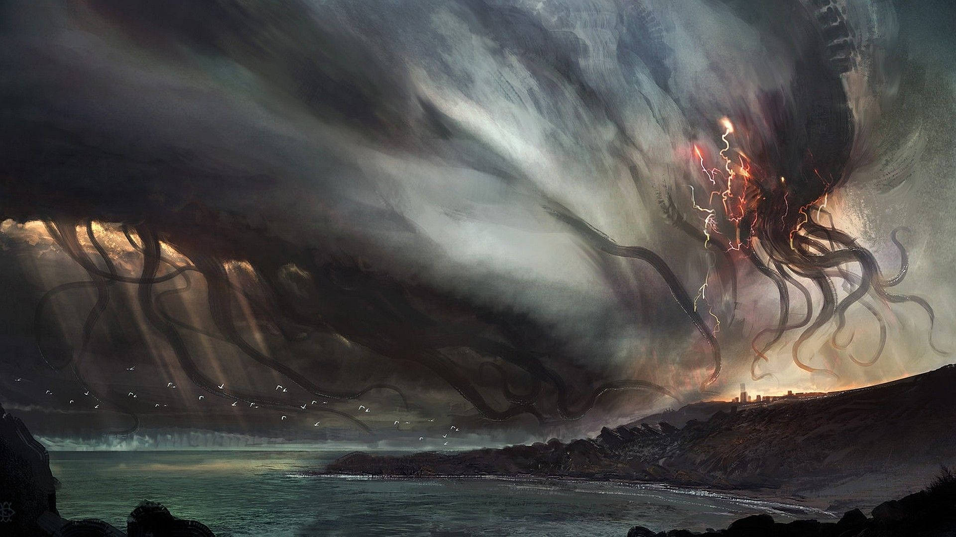 Worshipers of the Ancient One, Cthulhu, Gather at the Beach in the Middle of a Storm Wallpaper