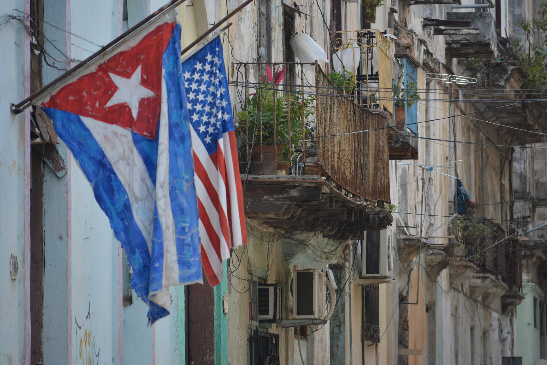 Cuban Flag Usa Flag Havana Street