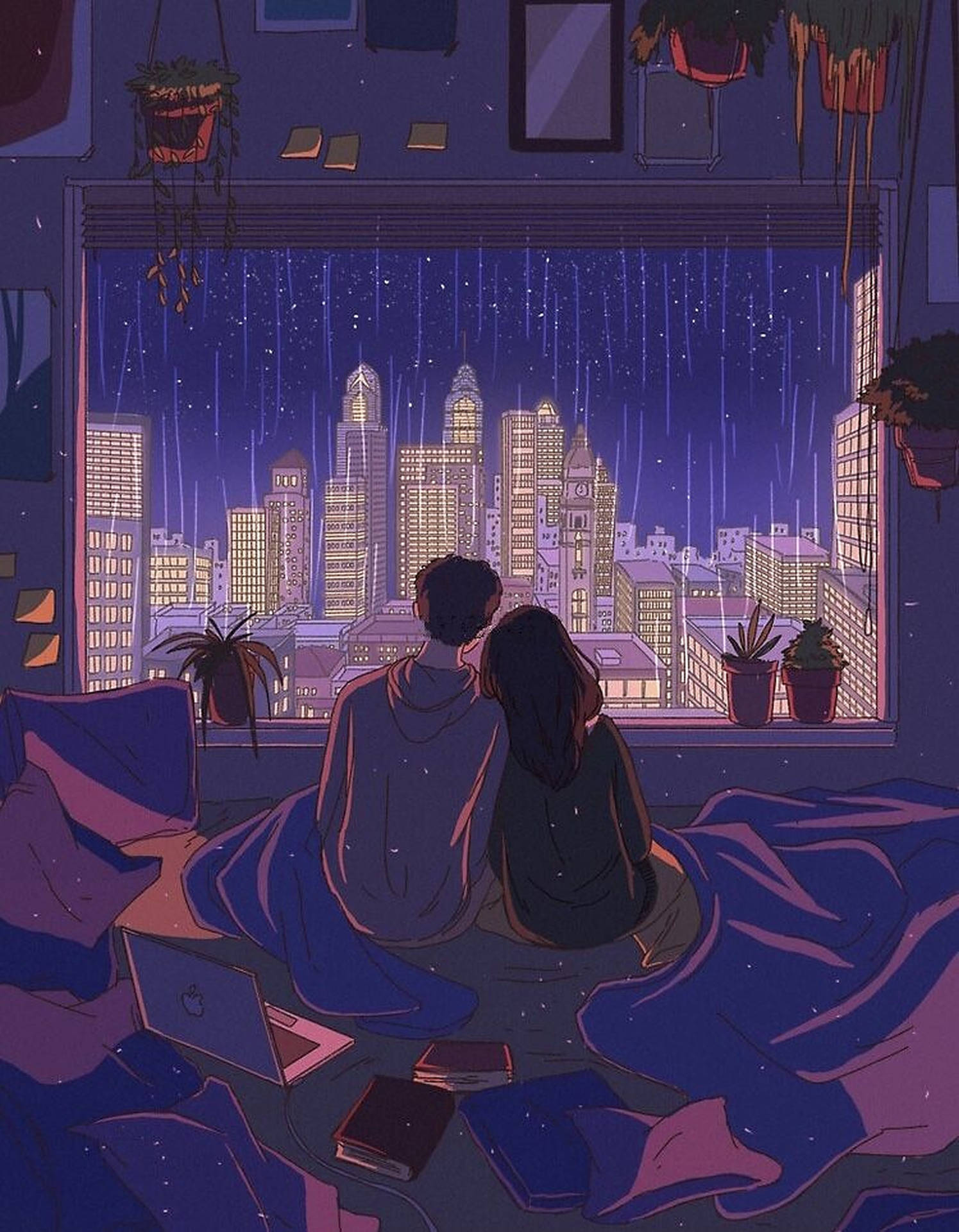 Cuddling Anime Couple Love Art Wallpaper