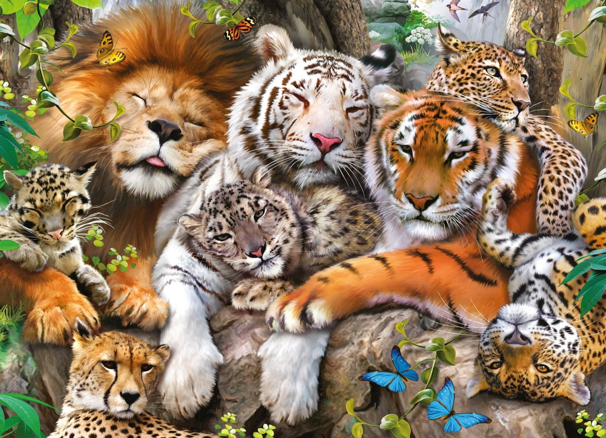 Cuddling Lion And Tiger Group Wallpaper