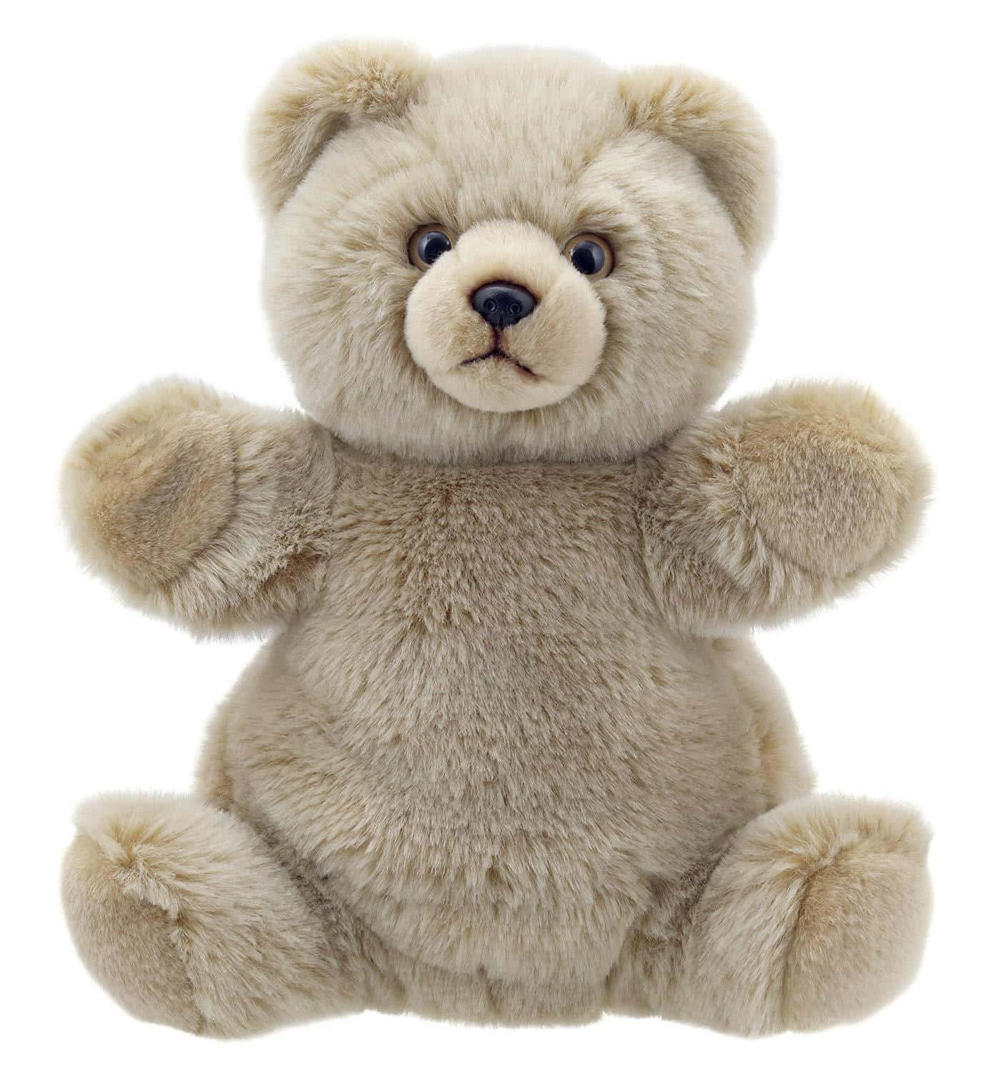 An adorable cuddly teddy bear sitting on a shelf Wallpaper