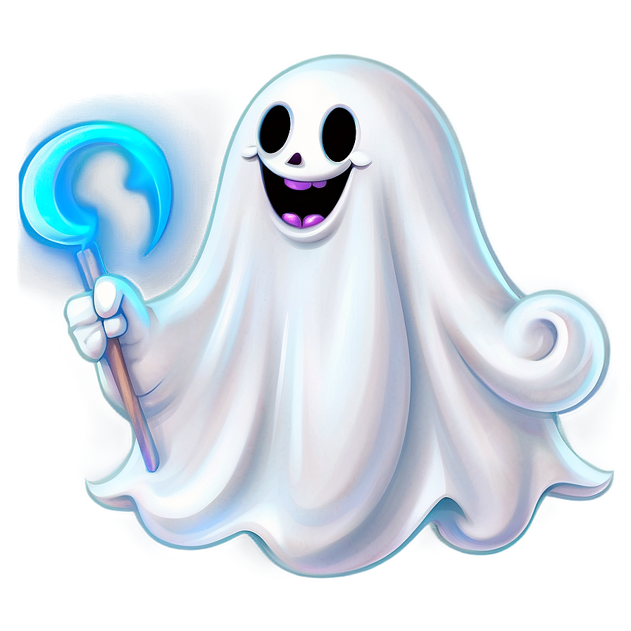 Cuddly Ghost PNG 21 PNG — A cheerful cartoon ghost with a wide grin holds a glowing blue staff against a soft gradient background.