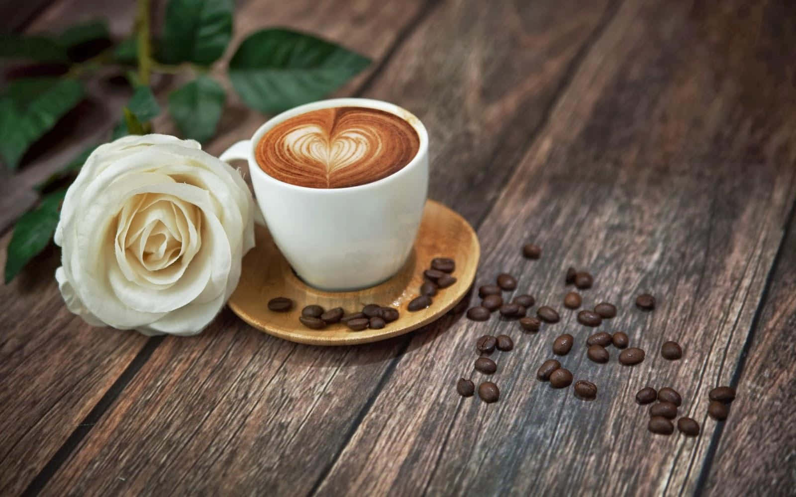 Cup Of Coffee And White Rose Wallpaper