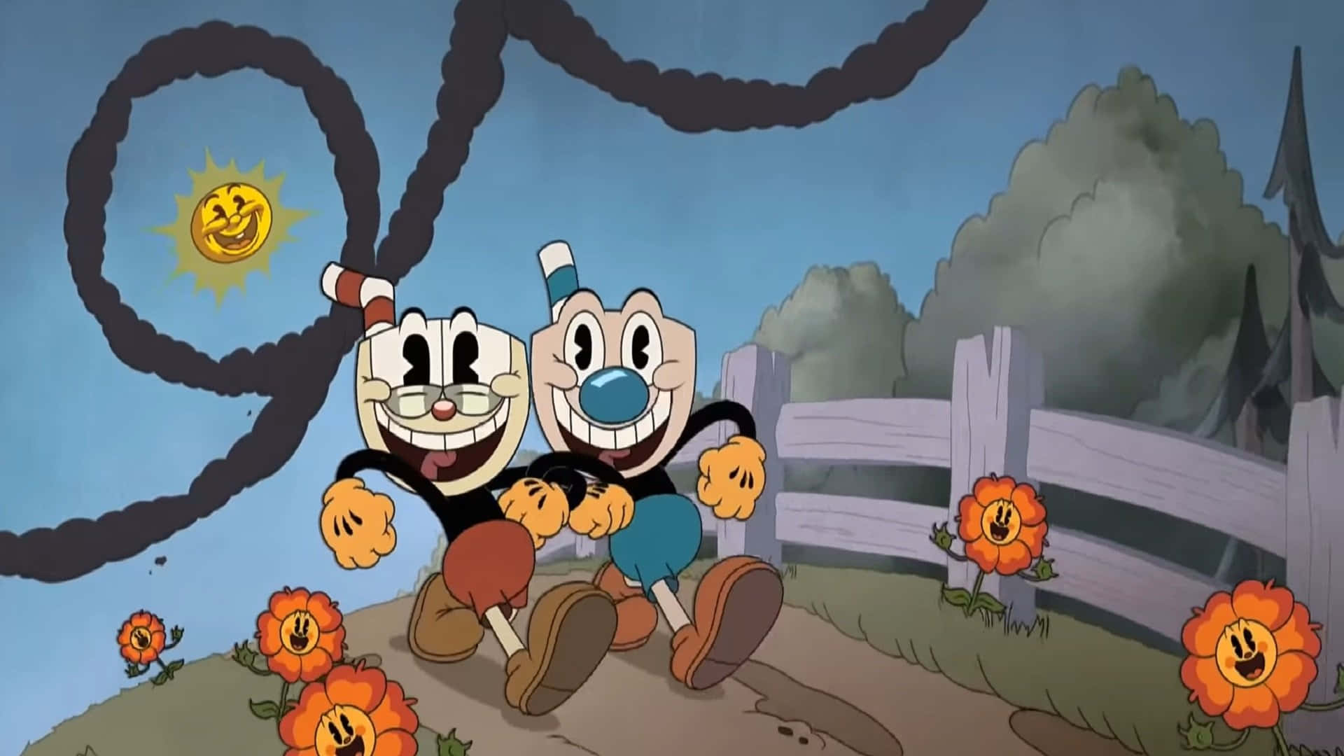 A Cartoon Of Two Cartoon Characters Running Through A Field