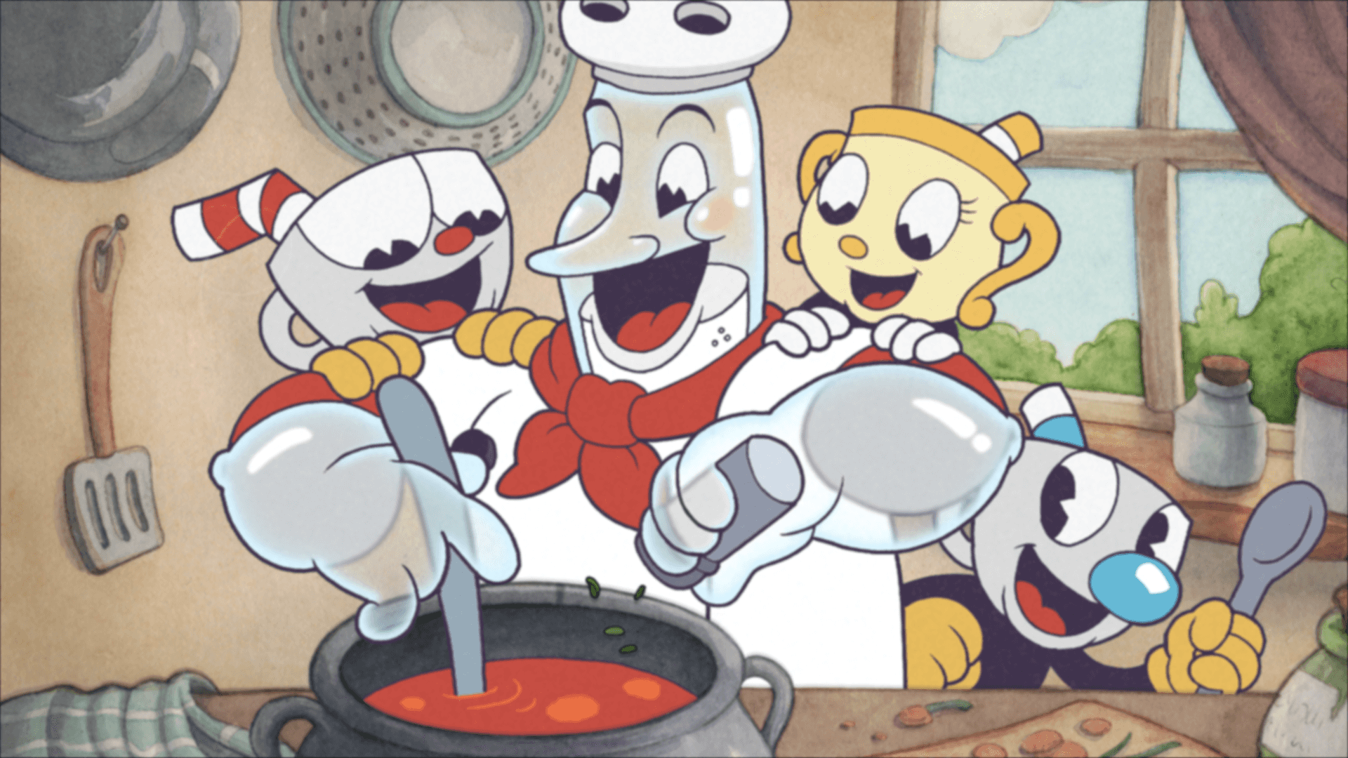 a cartoon character is cooking with a pot Background — Four cheerful cartoon cup characters in a kitchen happily stirring a pot of red soup with spoons and ladles.