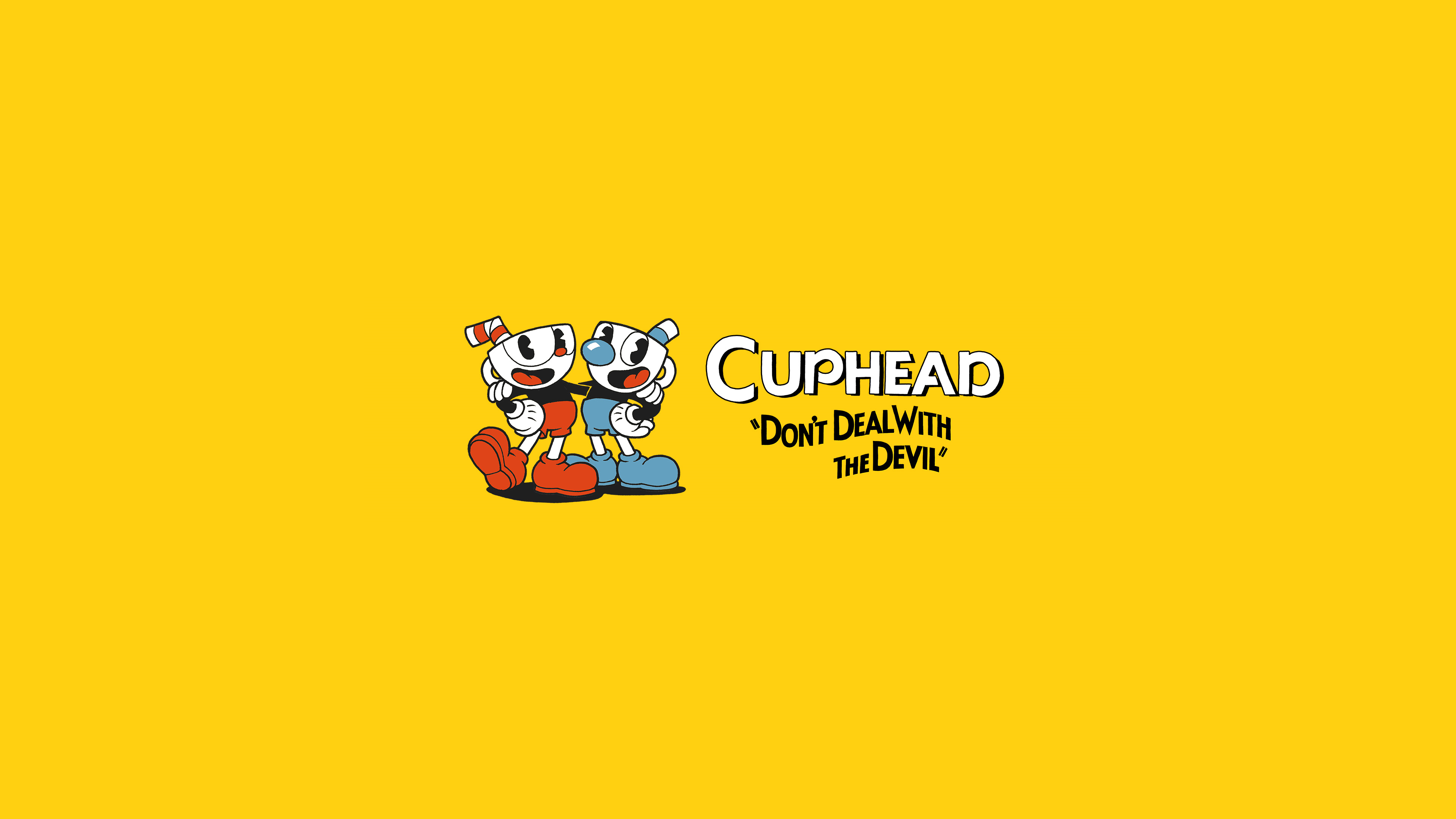 Adventure awaits in Cuphead Background — Two cartoon cup characters grin beside the bold Cuphead logo on a solid yellow background.