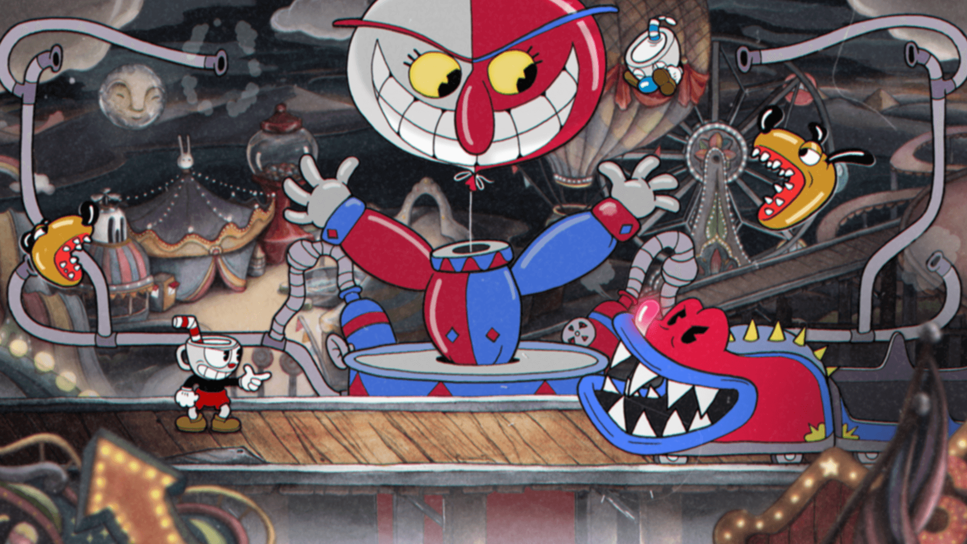 A classic cartoon side-scrolling video game, Cuphead - bring the charm of classic cartoon era back! Background — A cartoon cup character stands defiantly before a giant menacing clown balloon in a chaotic carnival-themed scene.