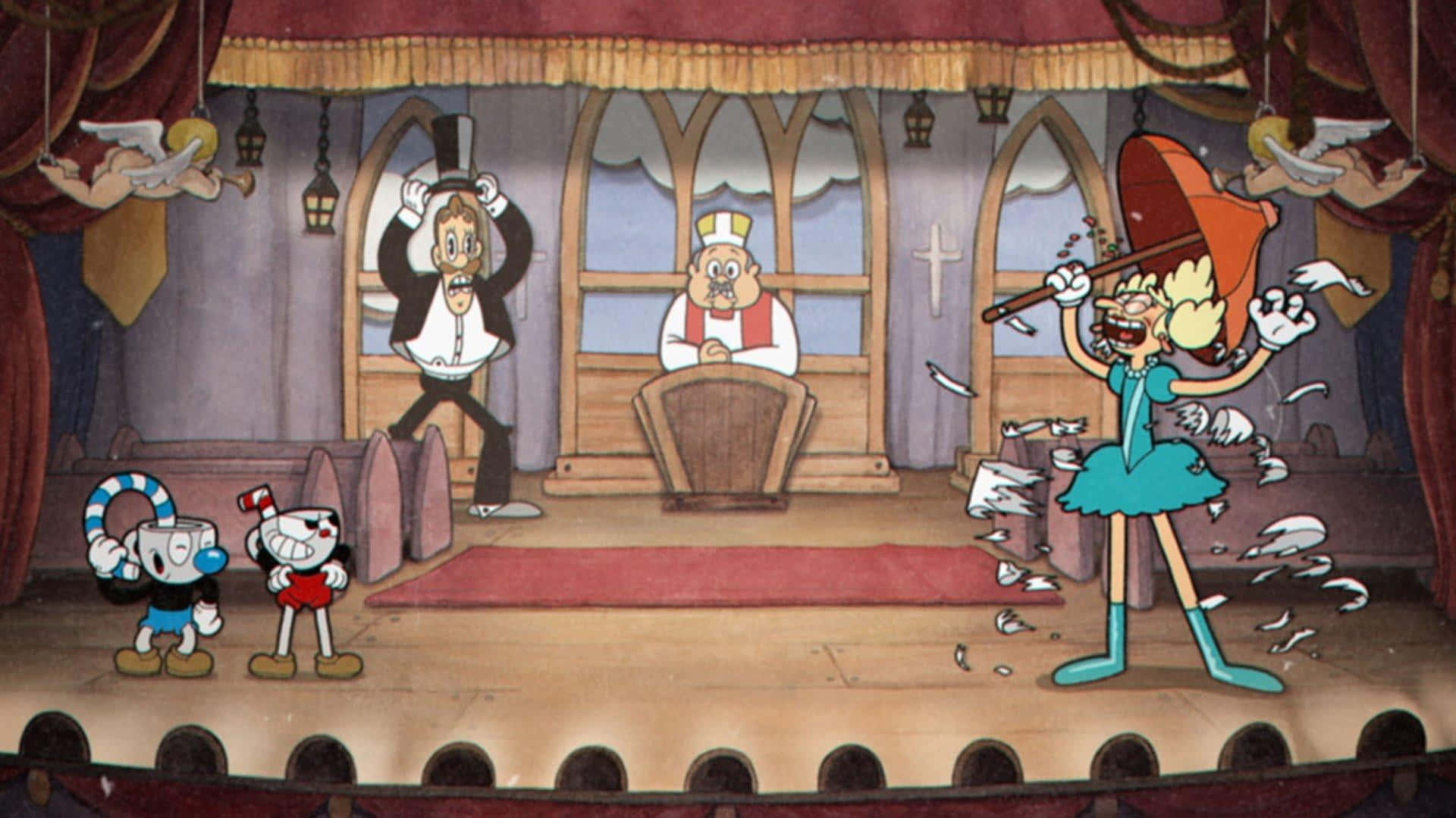A Cartoon Character Is Standing In Front Of A Stage