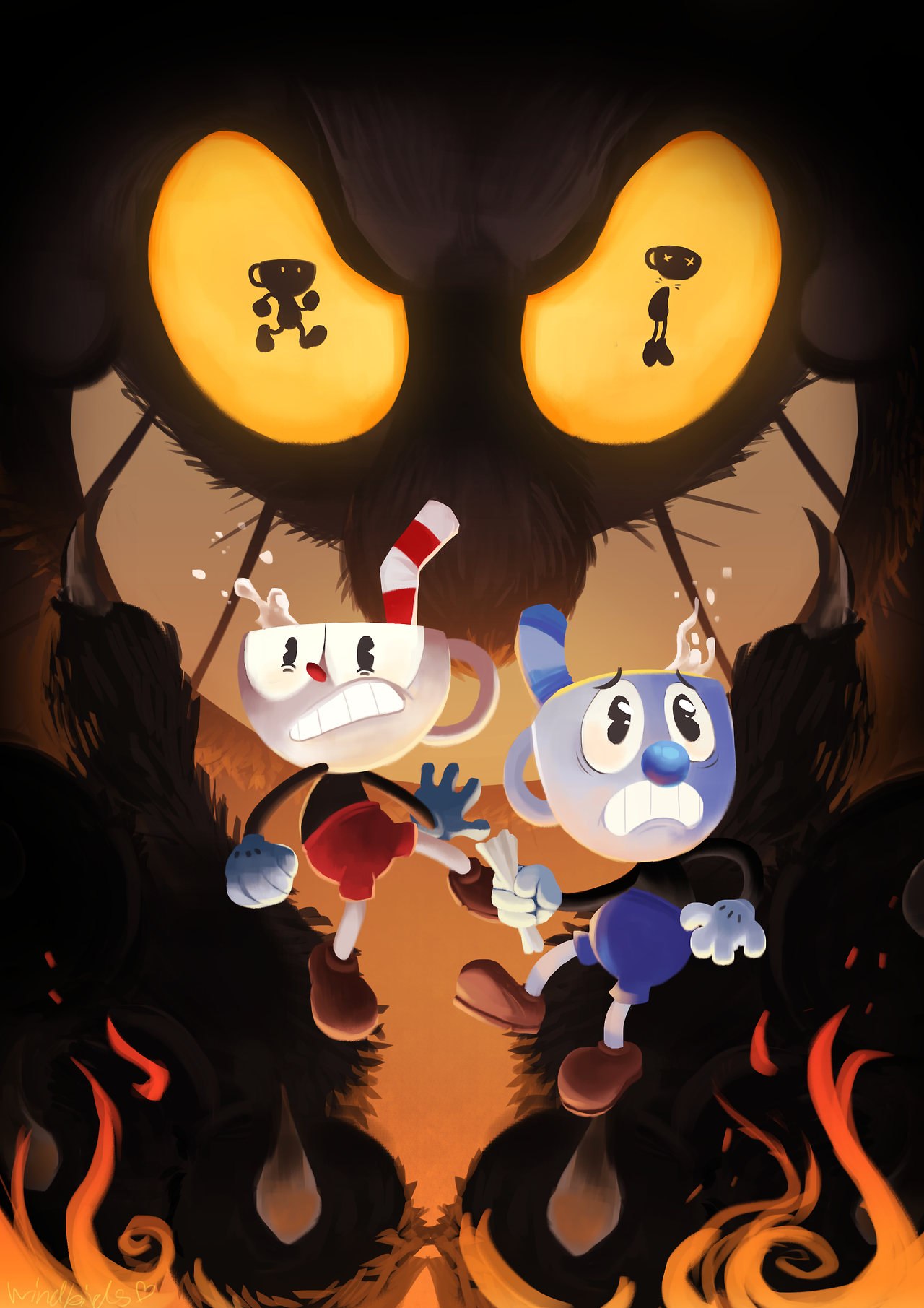'Cuphead Goes head to head with the Devil' Background — Two terrified cartoon cup characters flee from a giant shadowy monster with glowing orange eyes.