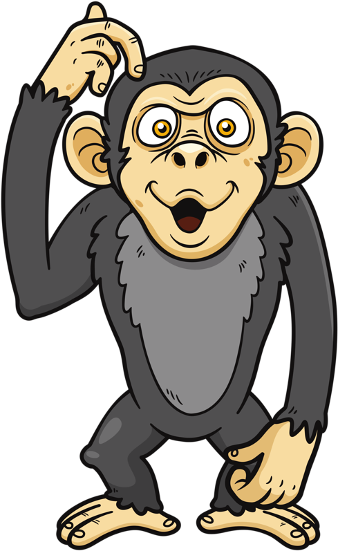 Curious_ Cartoon_ Monkey_ Vector PNG — A cartoon chimpanzee with wide eyes and a cheerful grin scratches its head with one hand against a black background.