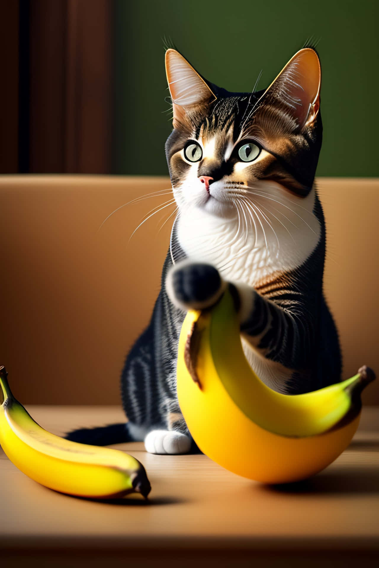 Curious Catwith Bananas Wallpaper