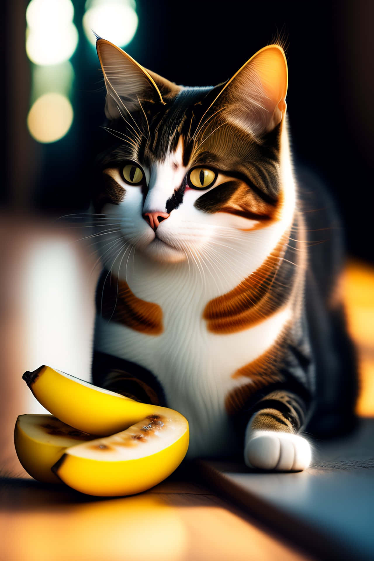 Curious Catwith Bananas Wallpaper