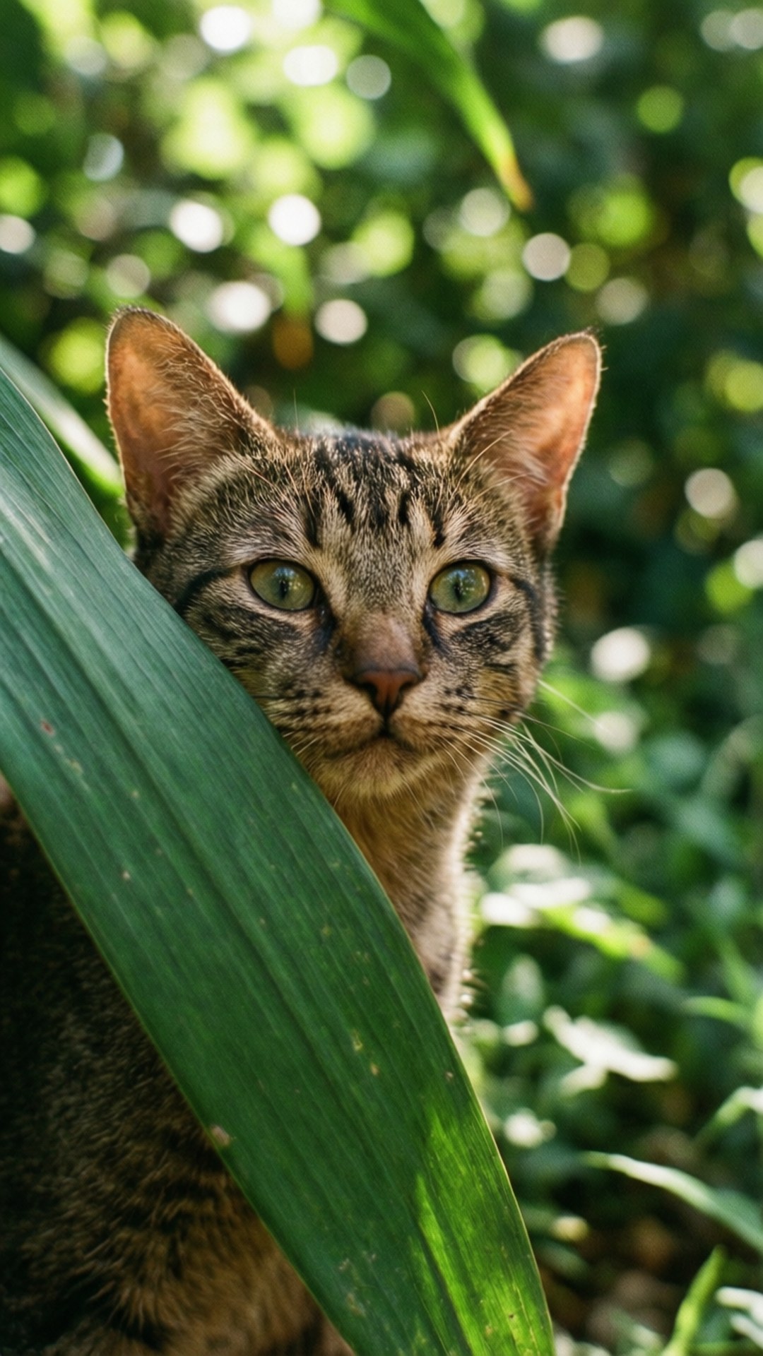 Eine Brasilianische Kurzhaarkatze versteckt zwischen Blättern, ideal für ein naturinspiriertes Hintergrundbild.